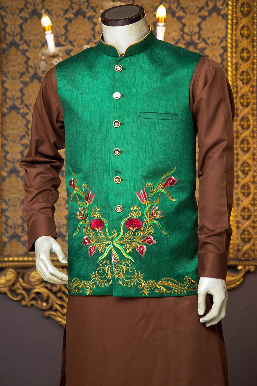 Green Raw Silk Waistcoat With Colorful Tilla Resham Embroidery - men's wear