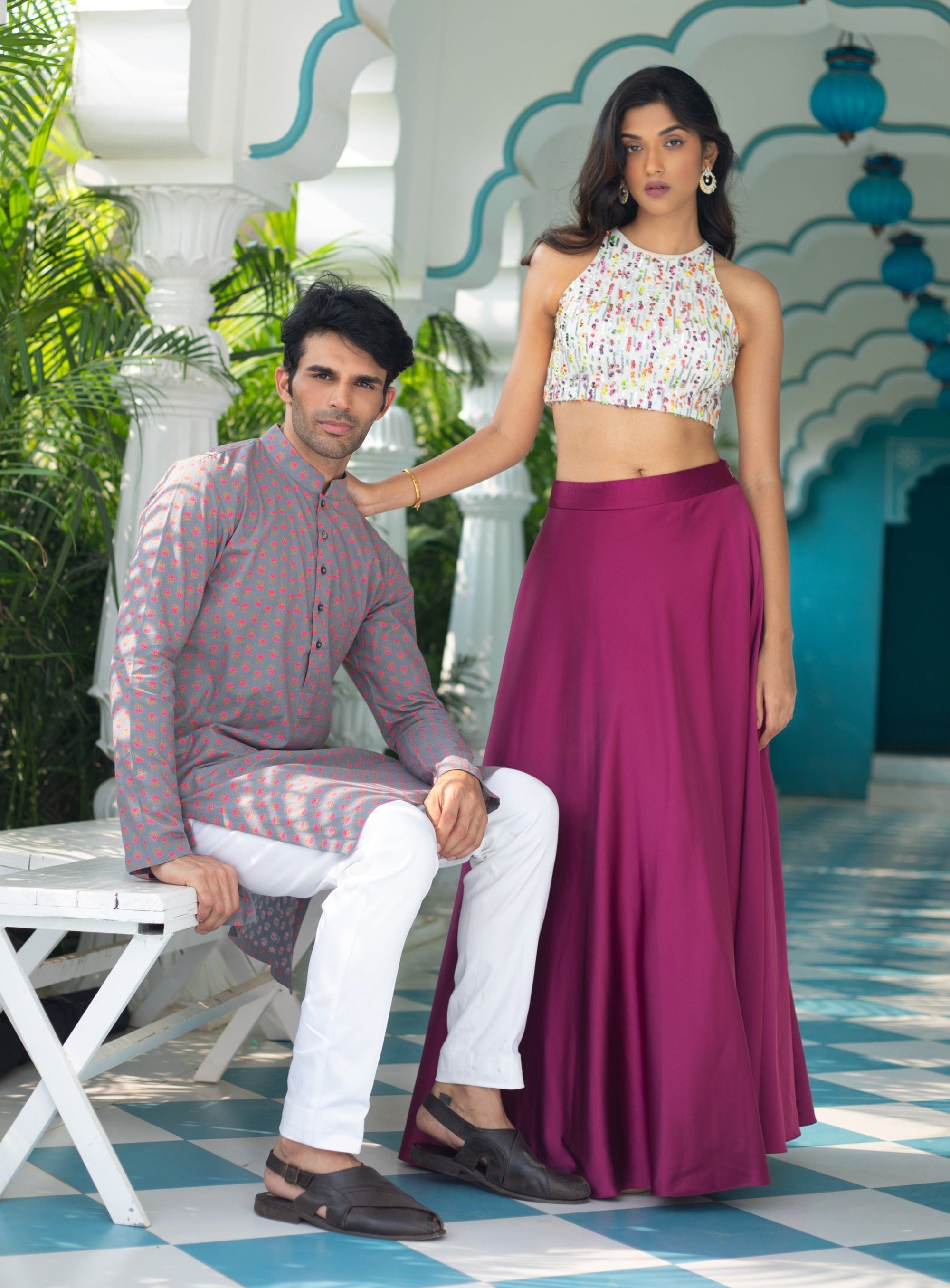 Grey Pink Kurta Set - kurta for men USA