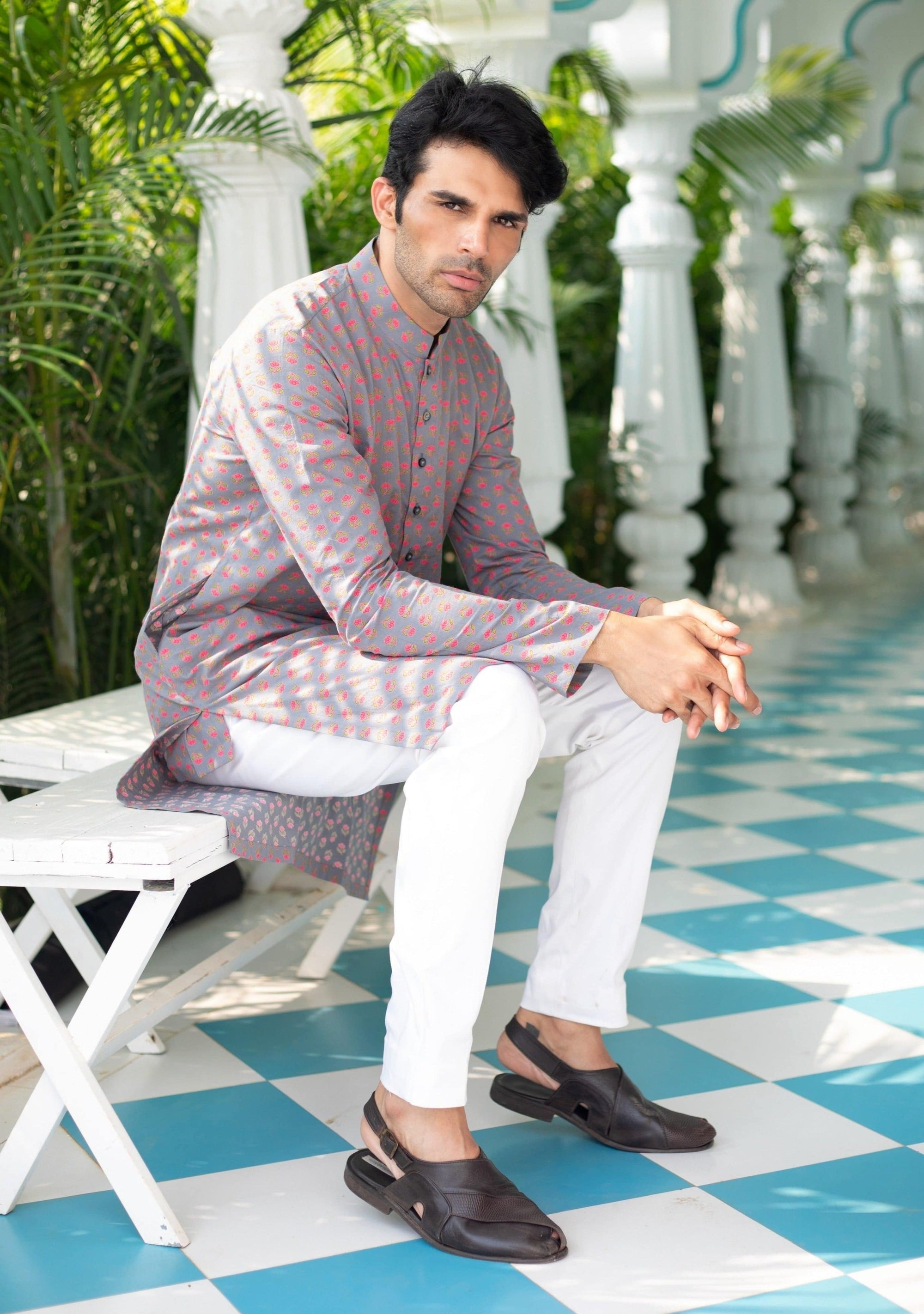 Grey Pink Kurta Set - kurta for men USA