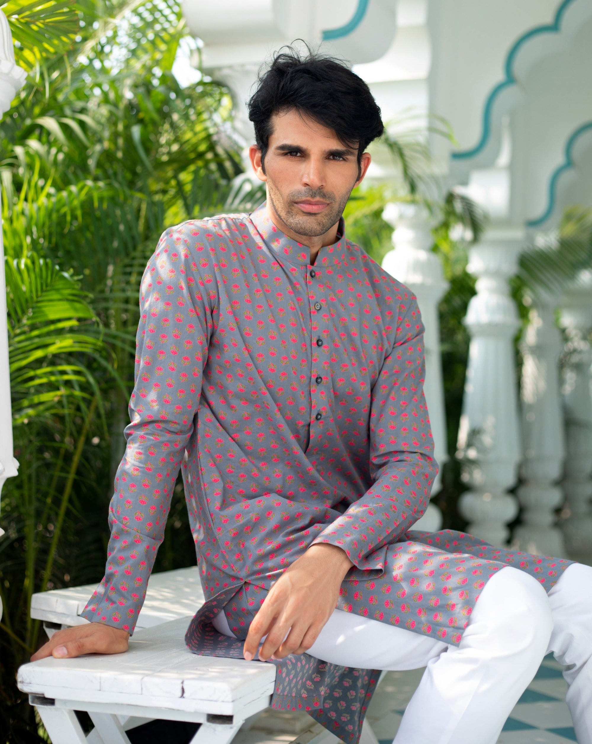 Grey Pink Kurta Set - kurta for men USA