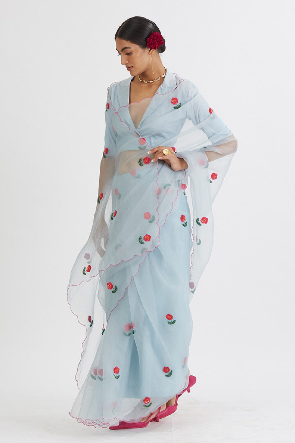 Gul Mehandi Powder Blue Saree - blue saree