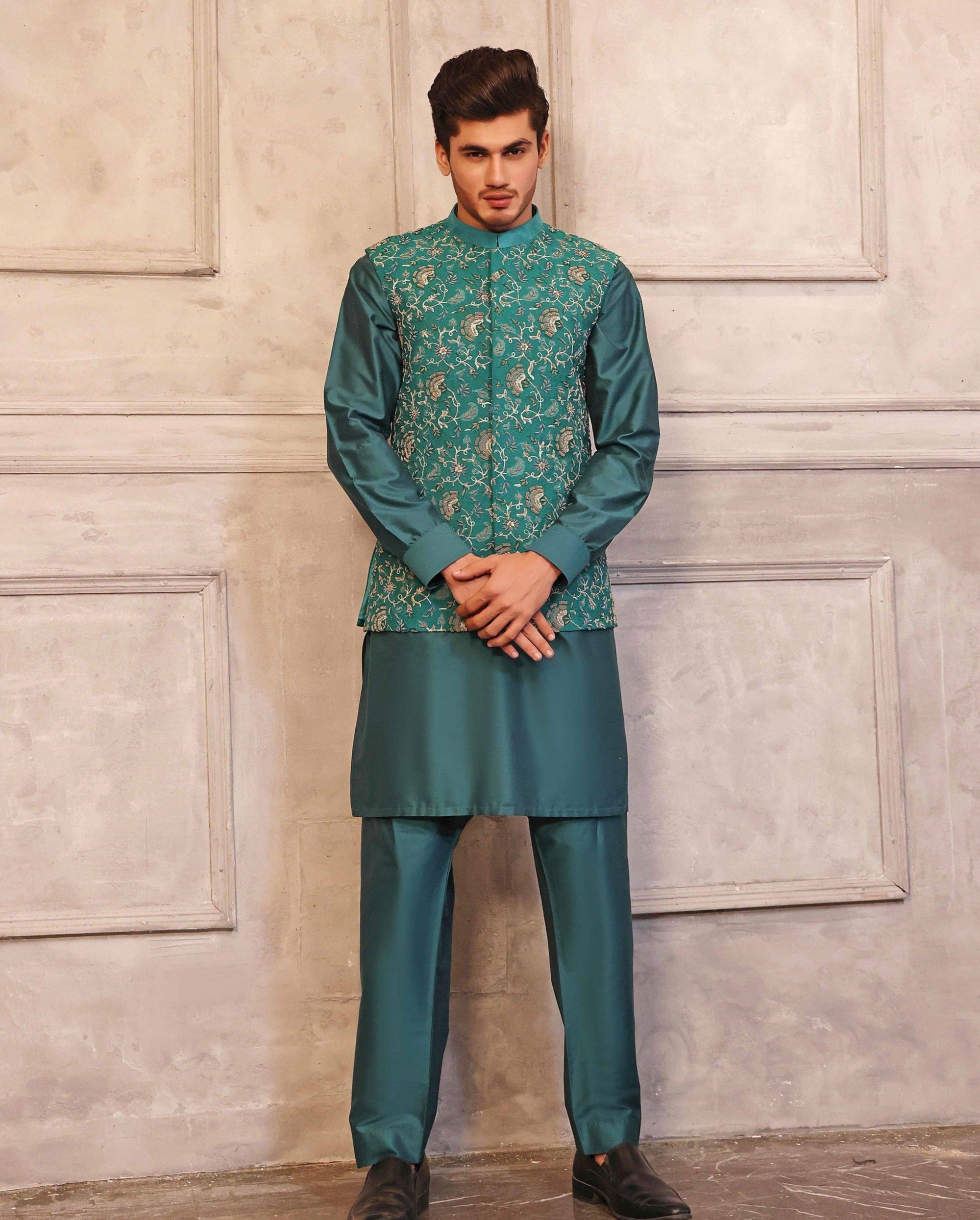 Hand Embroidered Waistcoat With Sea Green Raw Silk Suit - indian attire for men