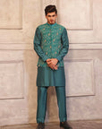 Hand Embroidered Waistcoat With Sea Green Raw Silk Suit - indian attire for men