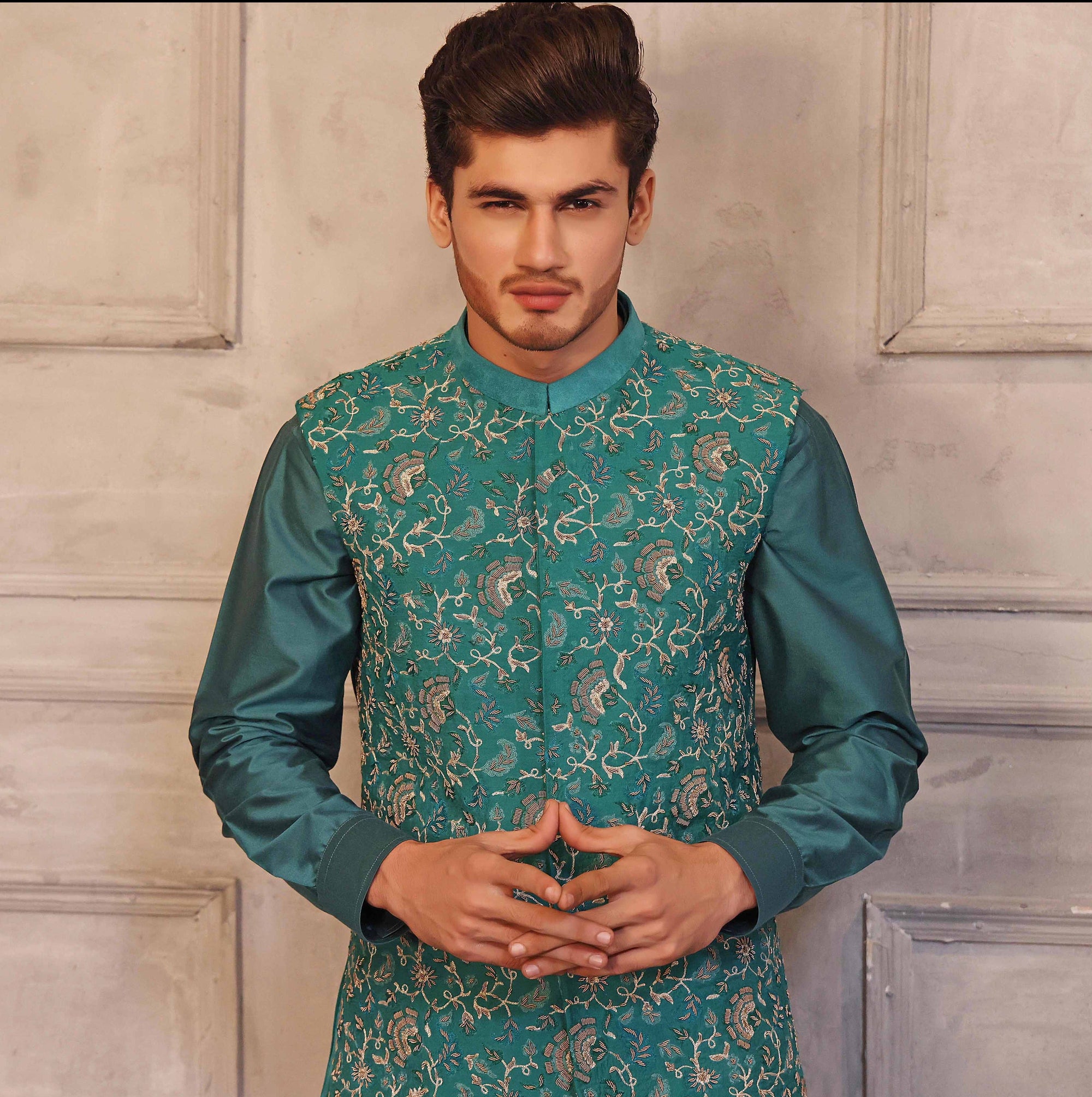 Hand Embroidered Waistcoat With Sea Green Raw Silk Suit - indian attire for men