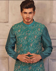 Hand Embroidered Waistcoat With Sea Green Raw Silk Suit - indian attire for men
