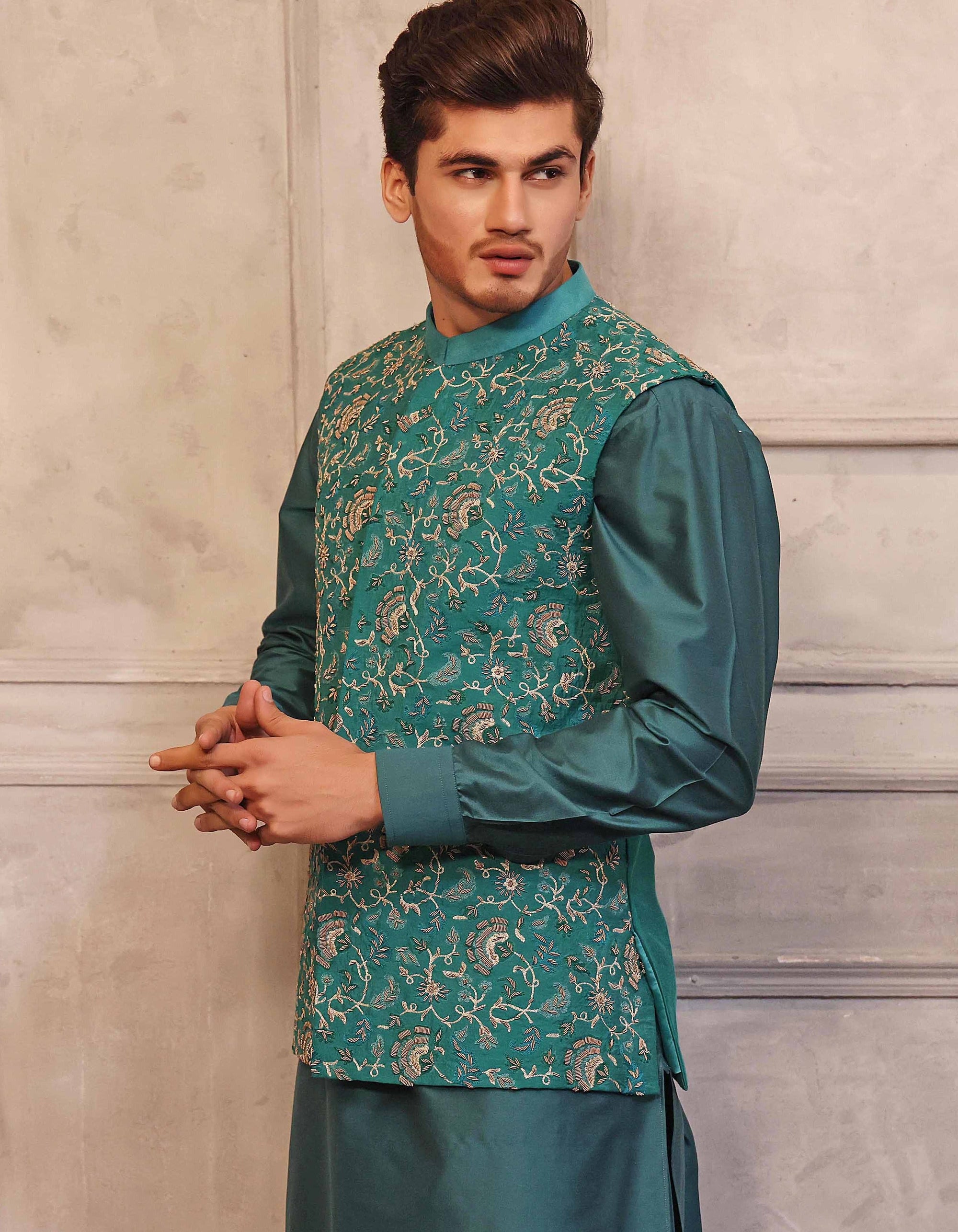 Hand Embroidered Waistcoat With Sea Green Raw Silk Suit - indian attire for men