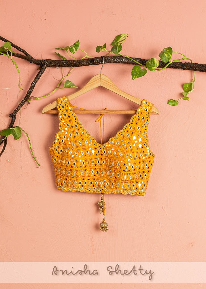 Honey Yellow Floral Lehenga With Mirror Work Blouse - floral lehenga