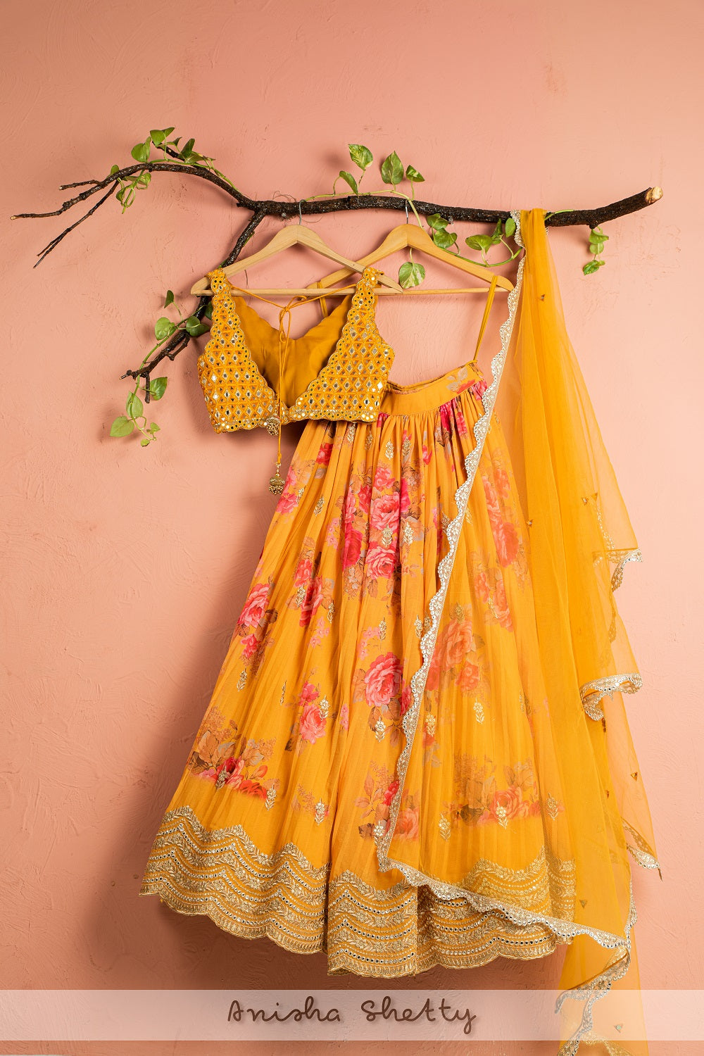 Honey Yellow Floral Lehenga With Mirror Work Blouse - floral lehenga