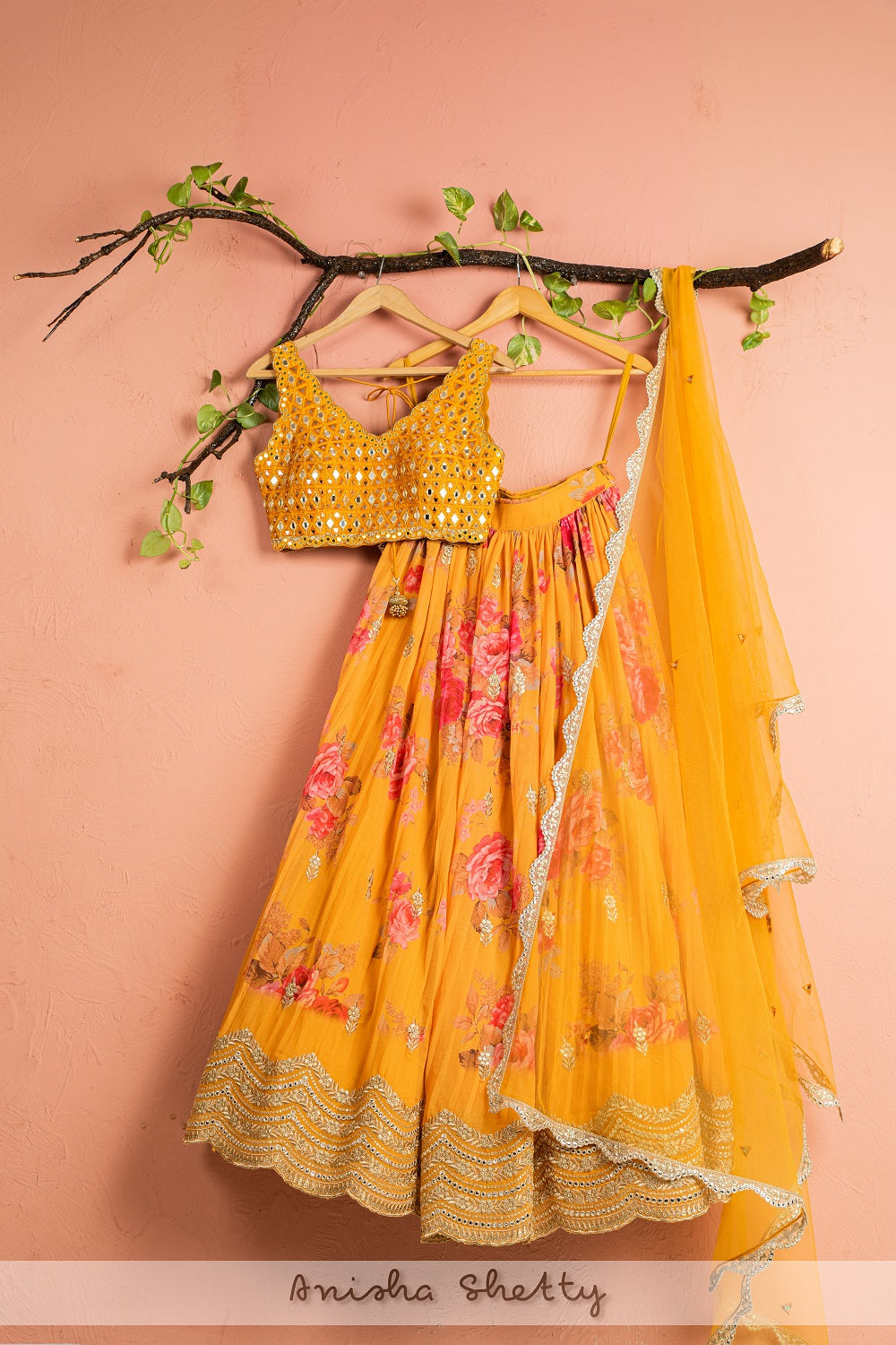 Honey Yellow Floral Lehenga With Mirror Work Blouse - floral lehenga