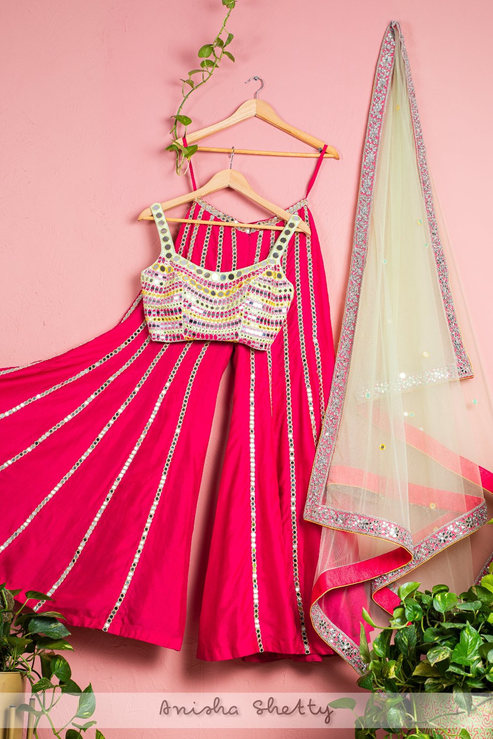 Hot Pink Mirror Flared Sharara With Green Chantily - sharara set