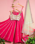 Hot Pink Mirror Flared Sharara With Green Chantily - sharara set