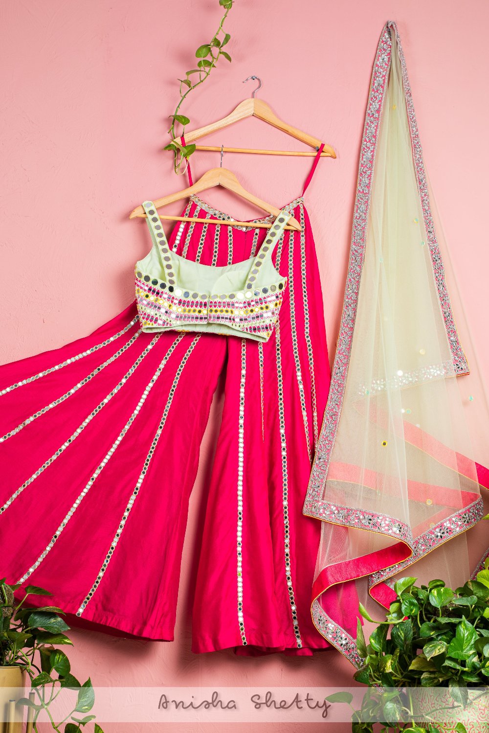 Hot Pink Mirror Flared Sharara With Green Chantily - sharara set