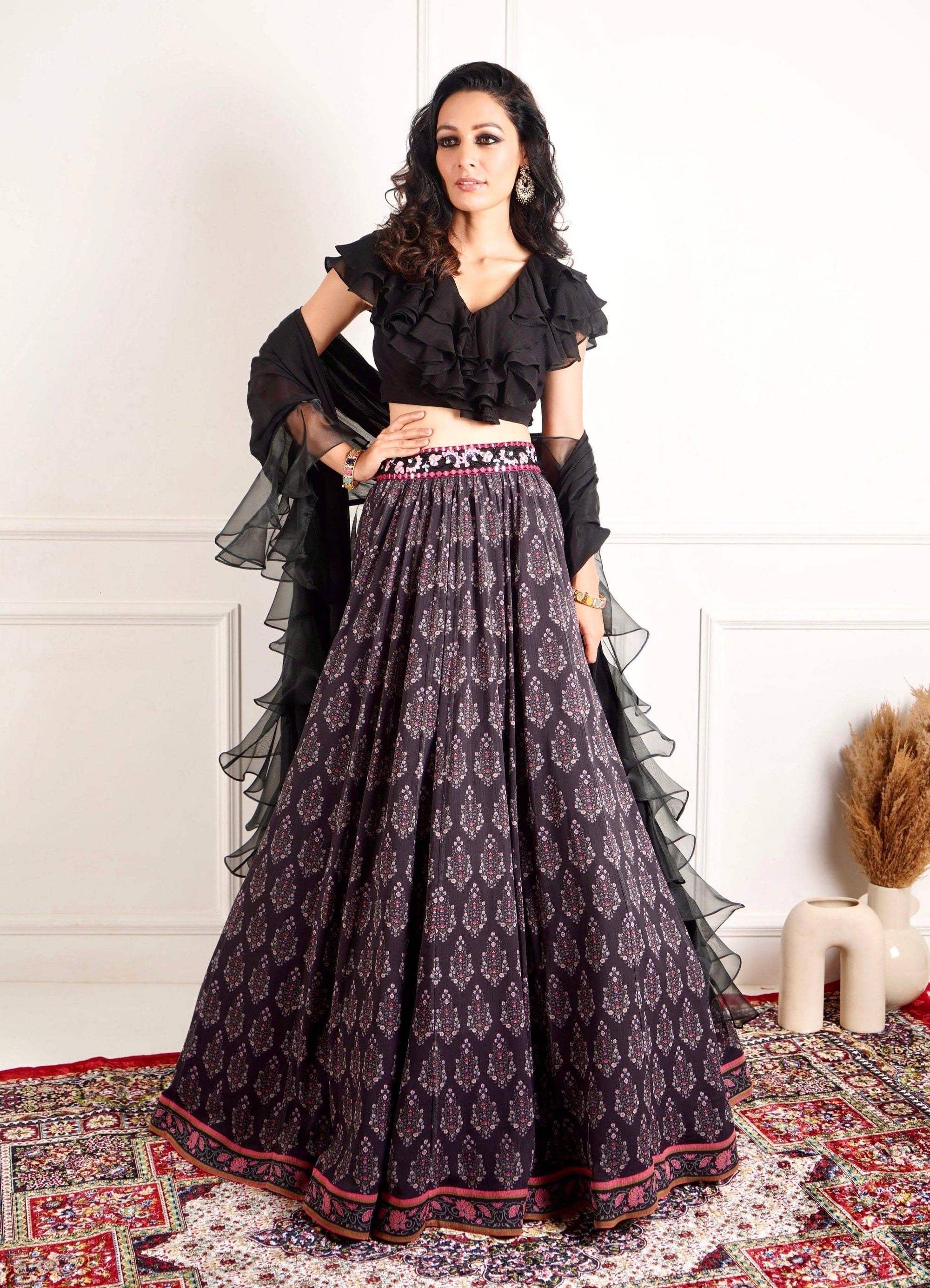 Imaara Black Ruffled Blouse And Printed Lehenga - black lehenga