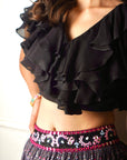 Imaara Black Ruffled Blouse And Printed Lehenga - black lehenga