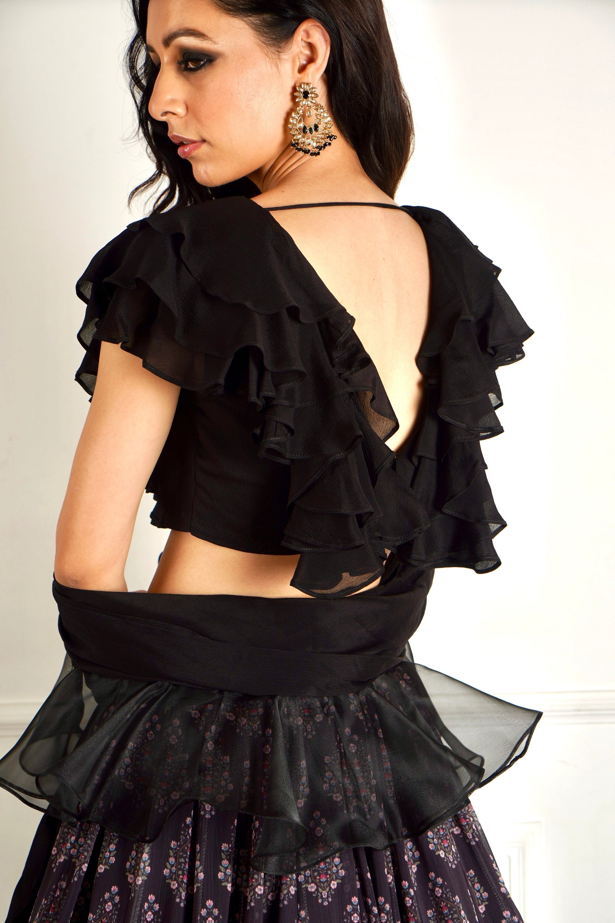 Imaara Black Ruffled Blouse And Printed Lehenga - black lehenga