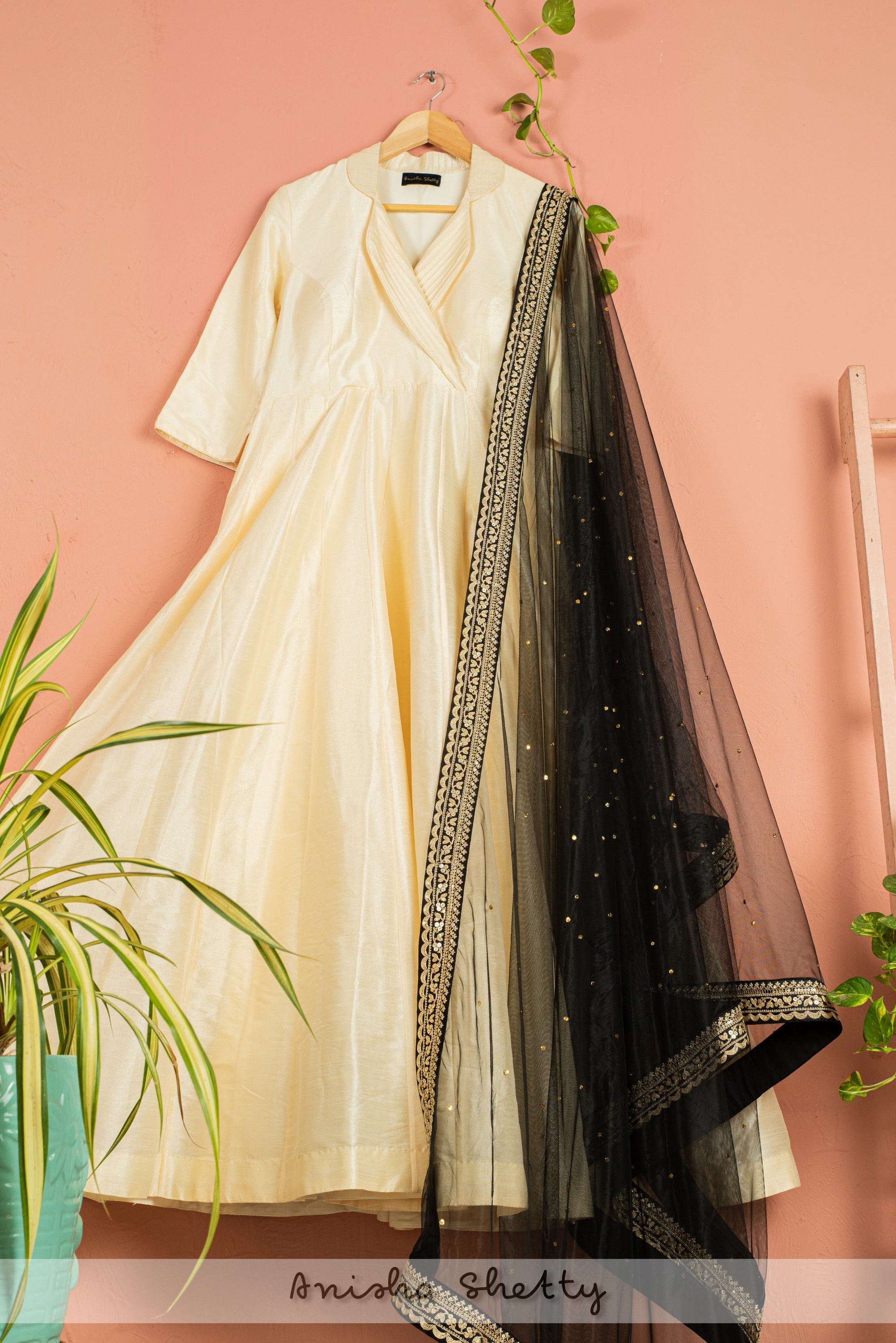 Ivory Anarkali With Black Abla Dupatta - anarkali set