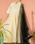 Ivory Anarkali With Black Abla Dupatta - anarkali set