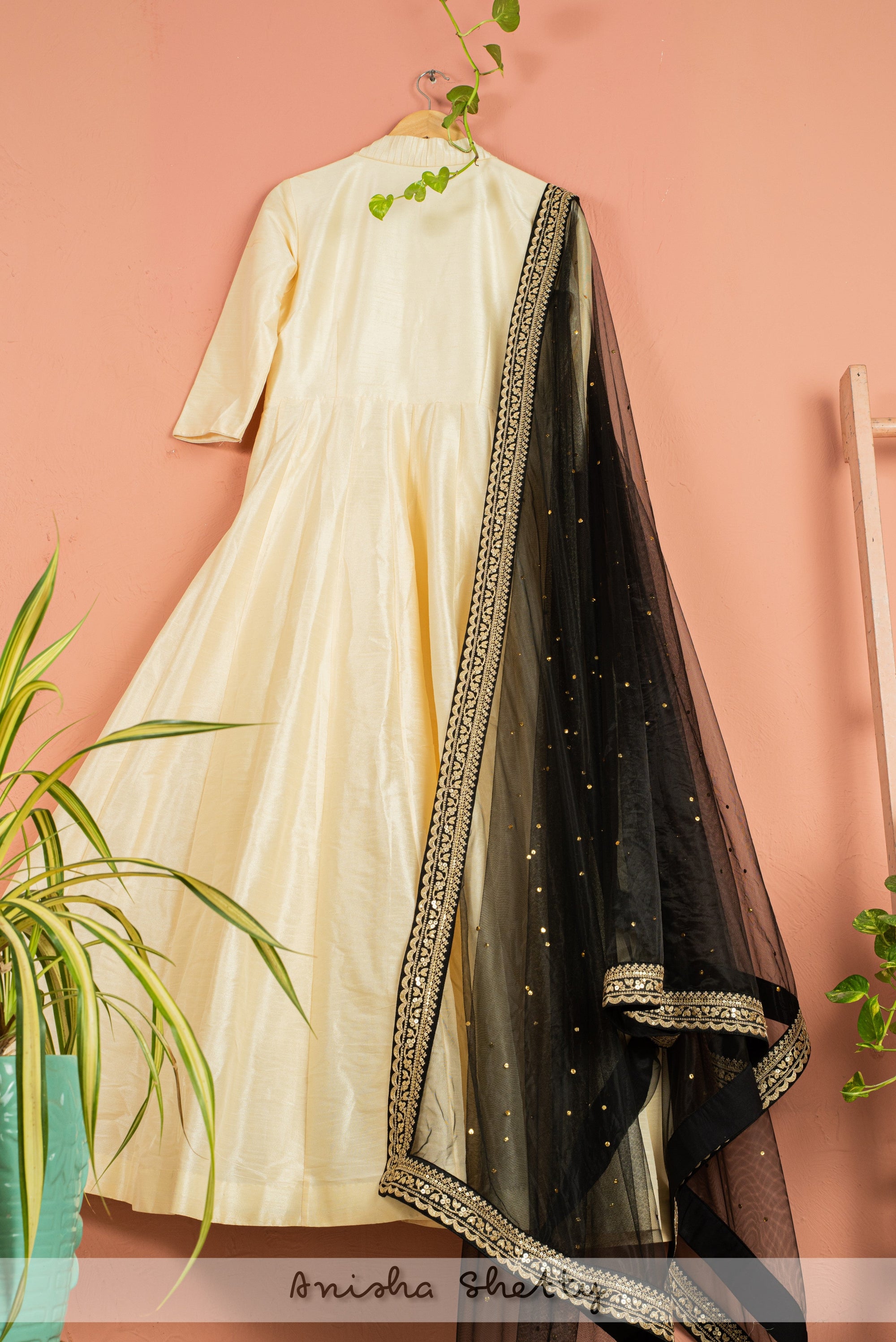 Ivory Anarkali With Black Abla Dupatta - anarkali set