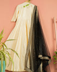 Ivory Anarkali With Black Abla Dupatta - anarkali set