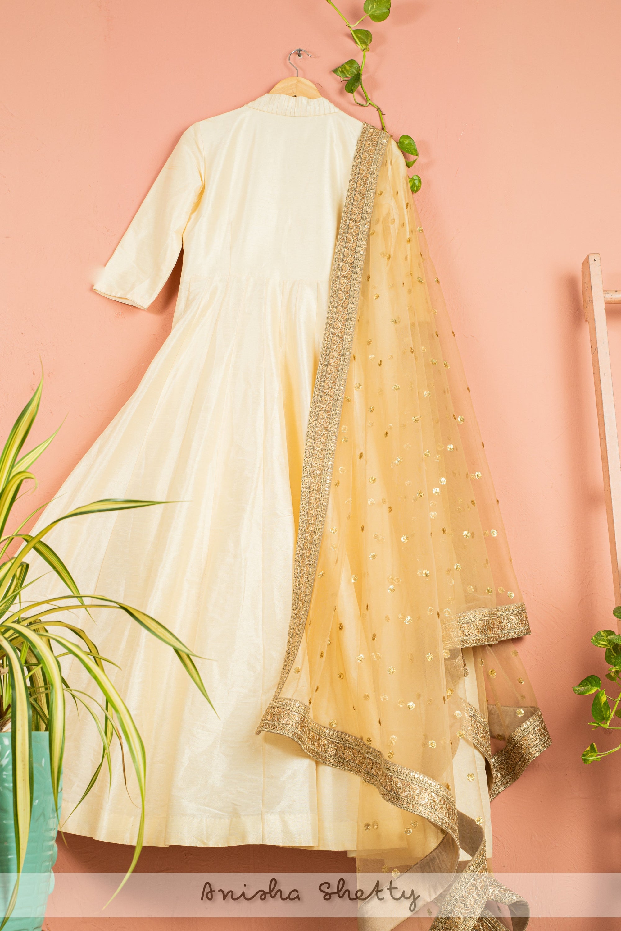 Ivory Anarkali With Gold Sequence Dupatta - ivory dress