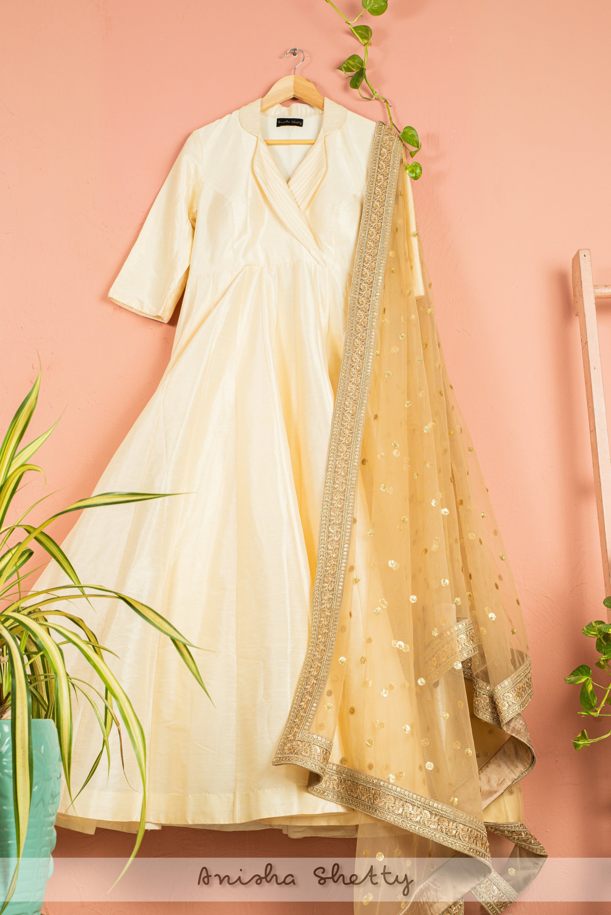 Ivory Anarkali With Gold Sequence Dupatta - ivory dress