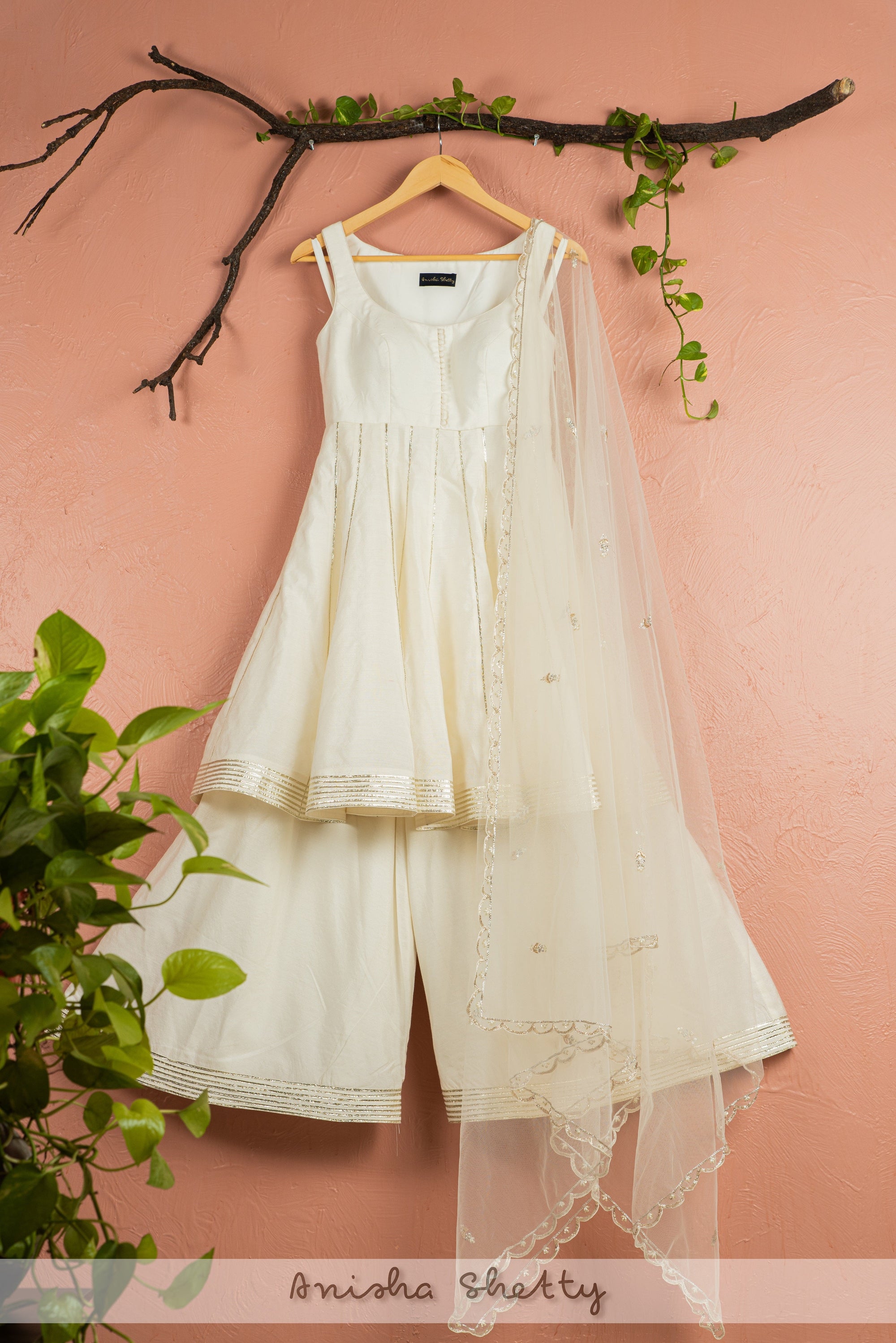 Ivory Anarkali with Sharara and Ivory Scallop Dupatta - ivory sharara