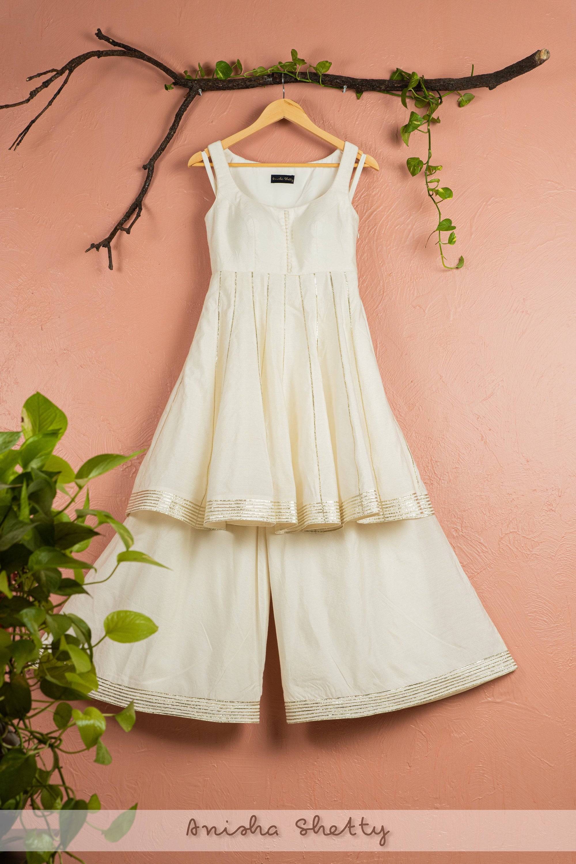 Ivory Anarkali with Sharara and Ivory Scallop Dupatta - ivory sharara