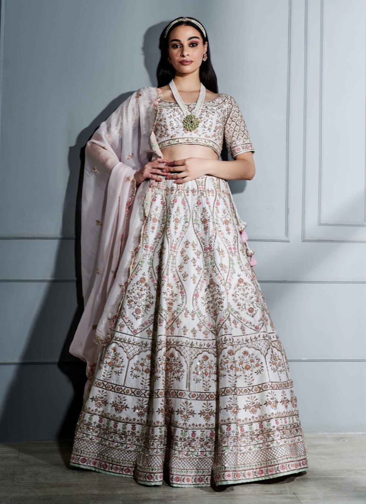 Ivory Blush Pink Floral Lehenga Set - floral lehenga