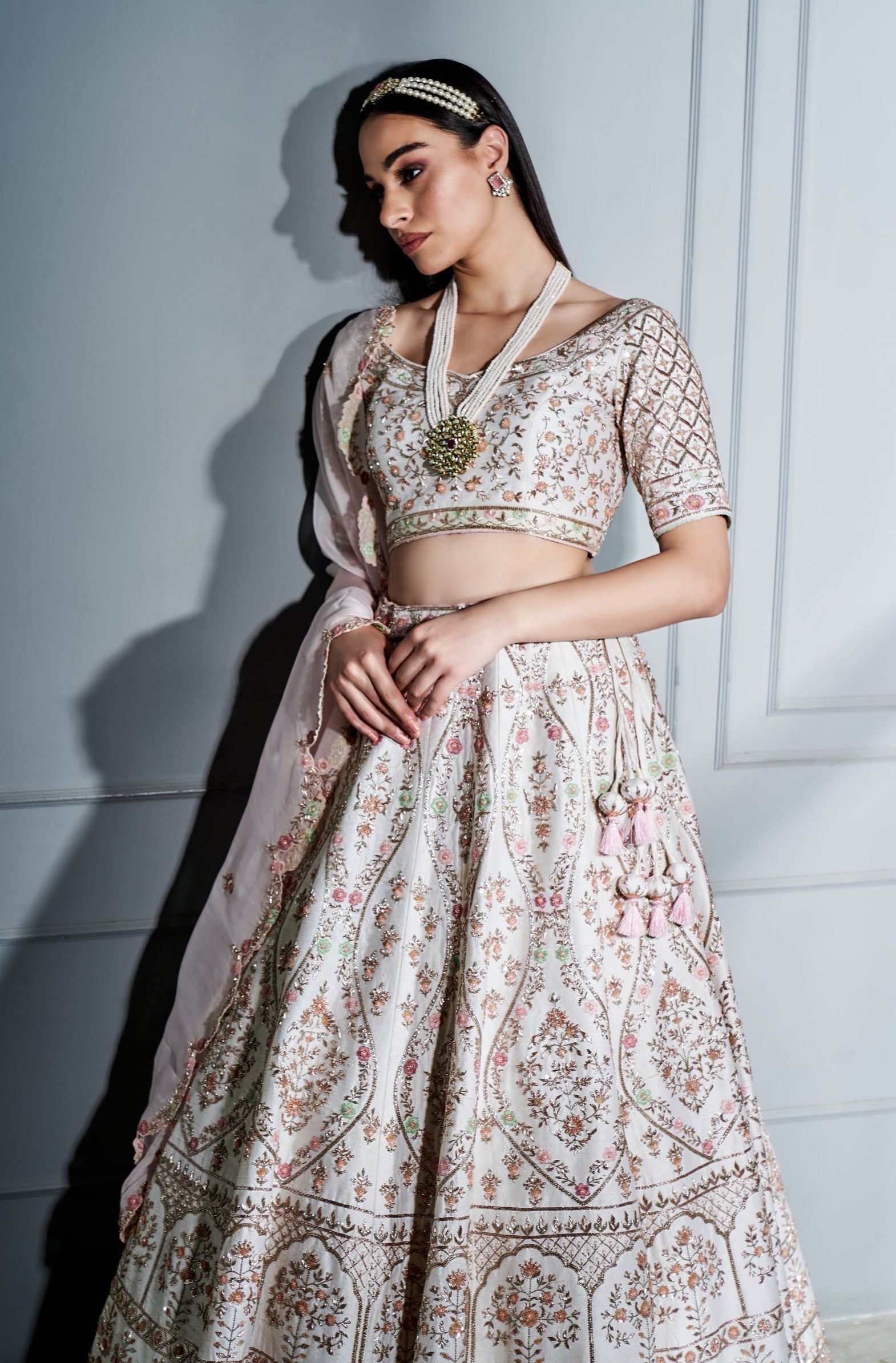 Ivory Blush Pink Floral Lehenga Set - floral lehenga