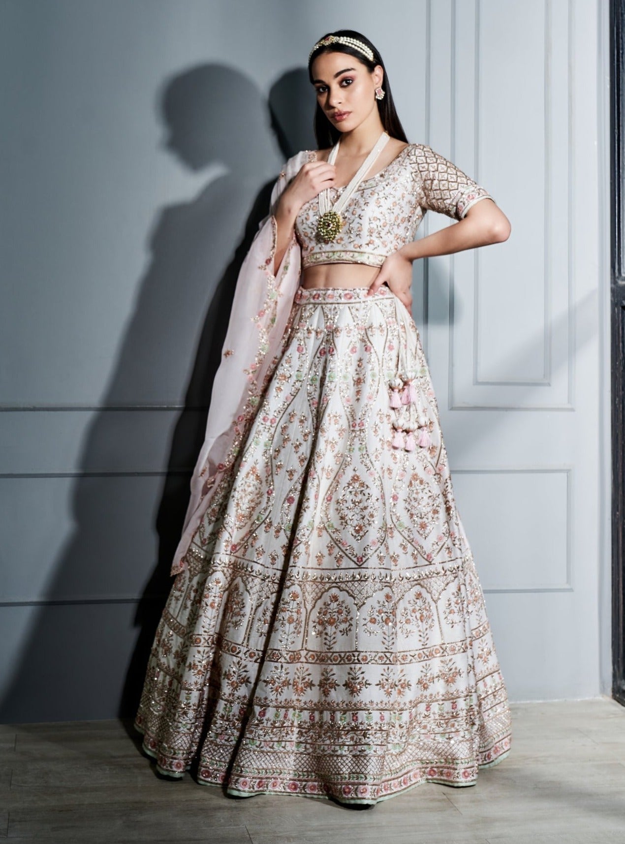 Ivory Blush Pink Floral Lehenga Set - floral lehenga