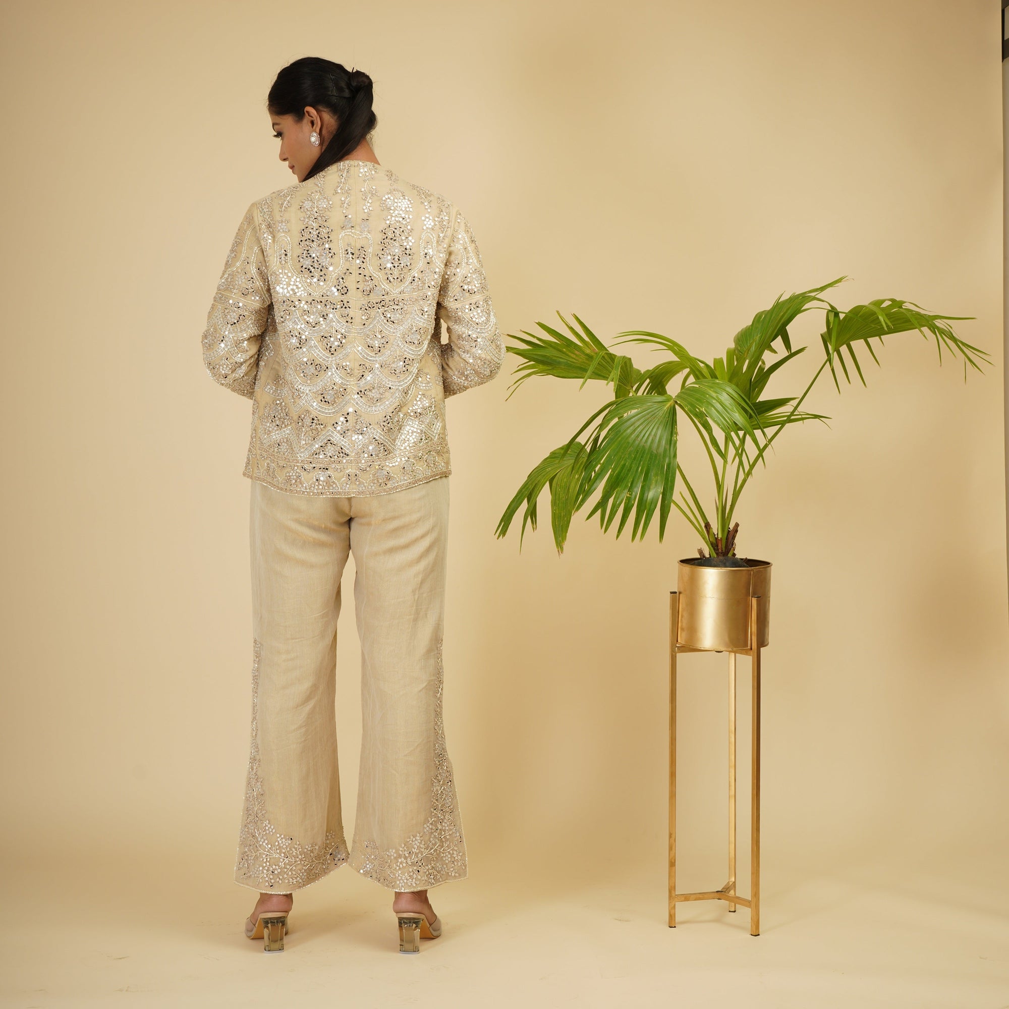 Ivory Gold Jacket And Pants With Bustier - indian wear for women