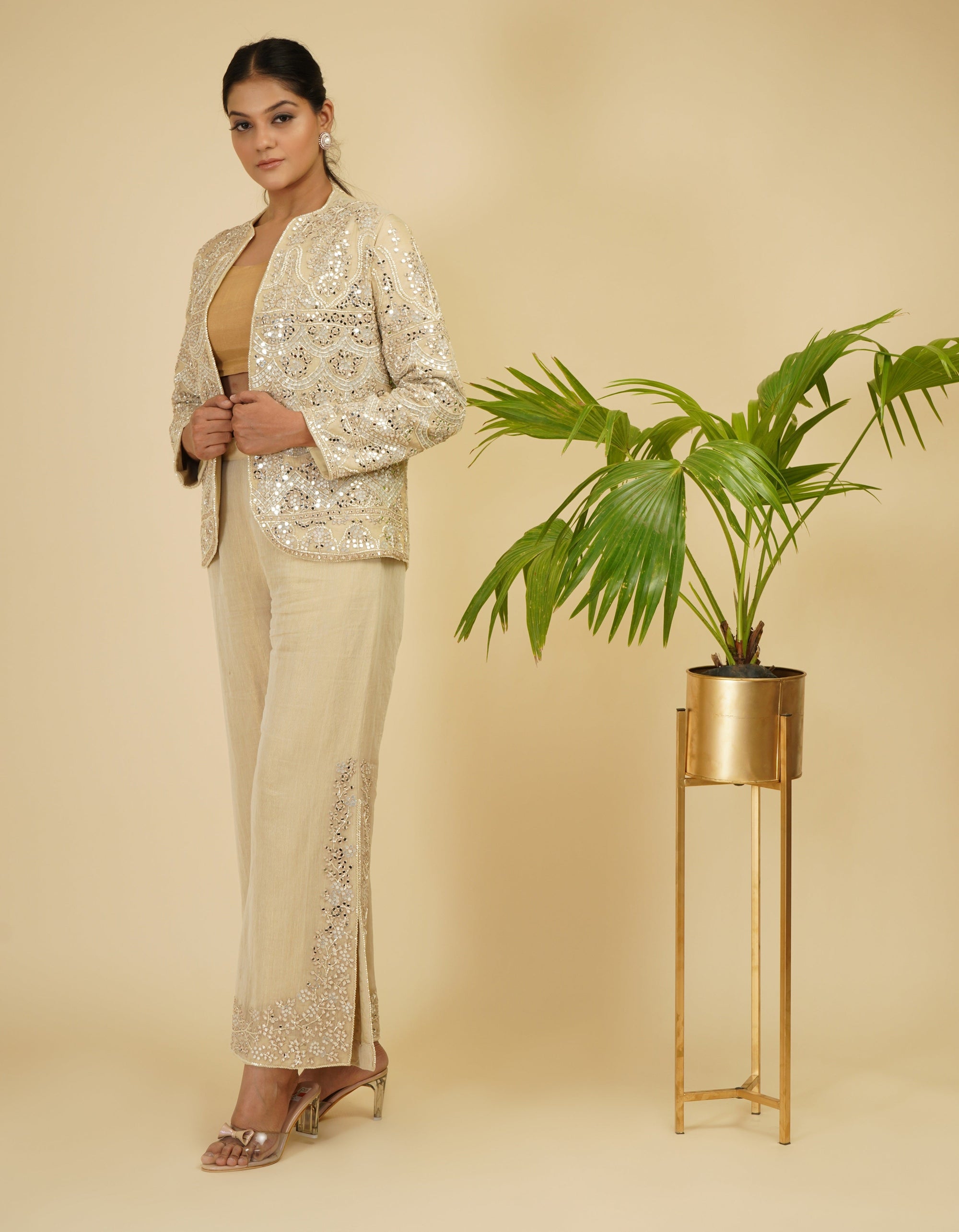 Ivory Gold Jacket And Pants With Bustier - indian wear for women