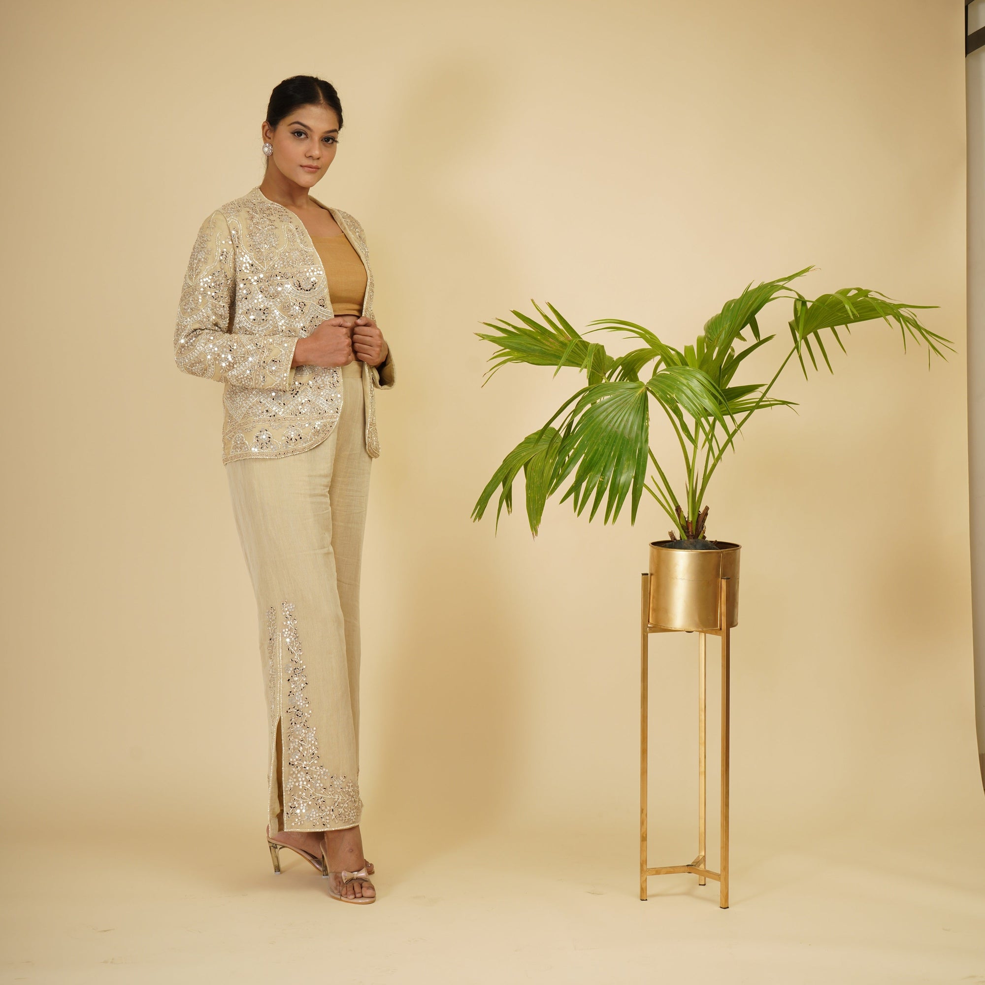 Ivory Gold Jacket And Pants With Bustier - indian wear for women