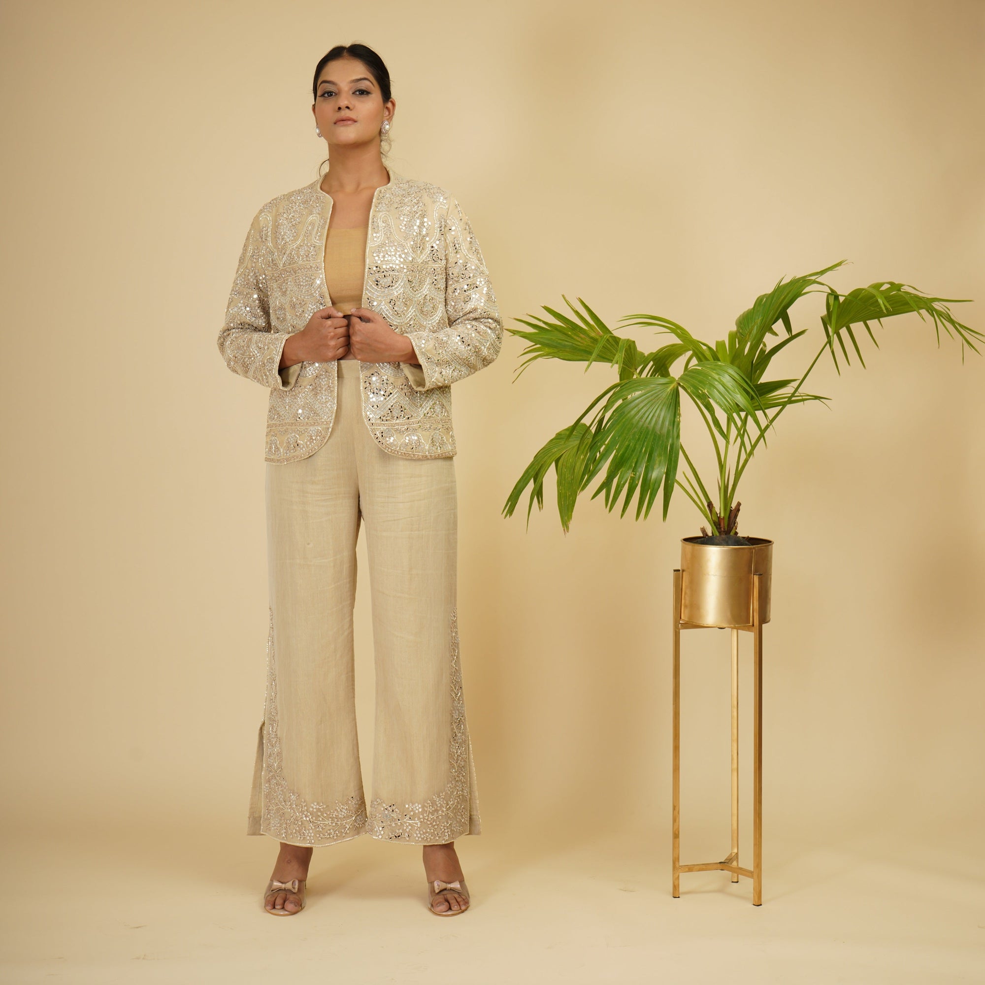 Ivory Gold Jacket And Pants With Bustier - indian wear for women
