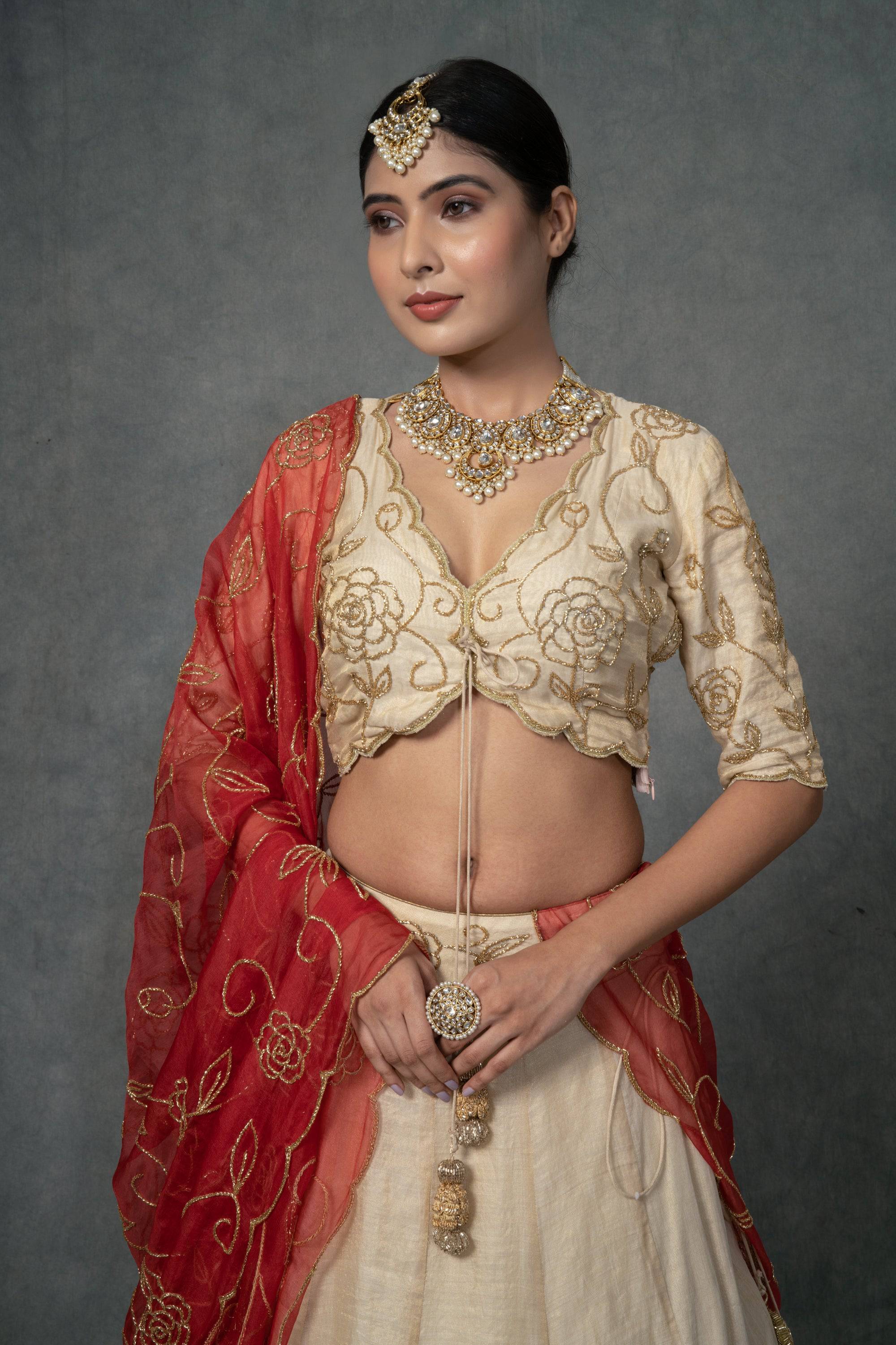 Ivory Gold & Rose Red Lehenga Set - ivory lehenga USA