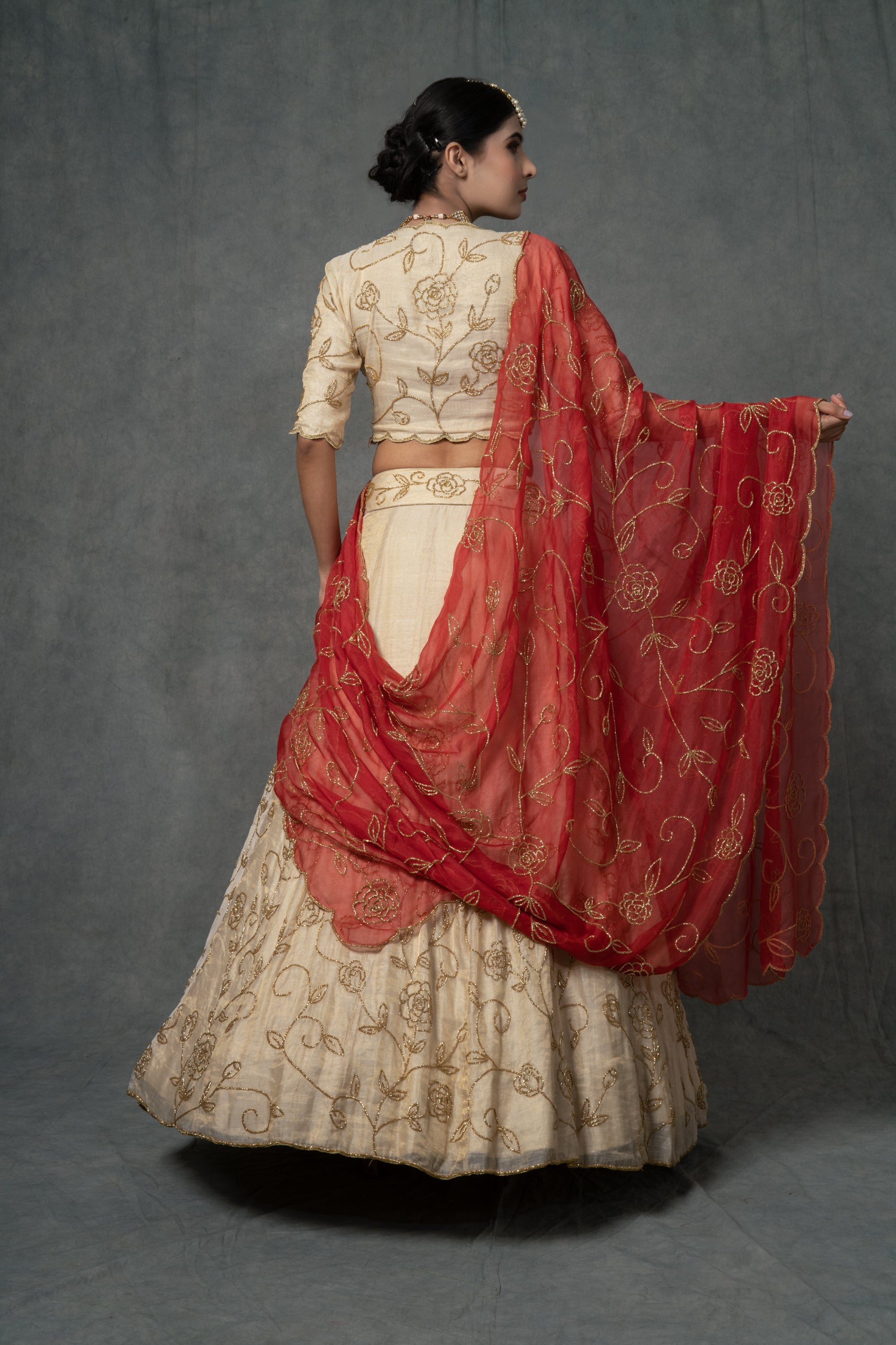 Ivory Gold & Rose Red Lehenga Set - ivory lehenga USA