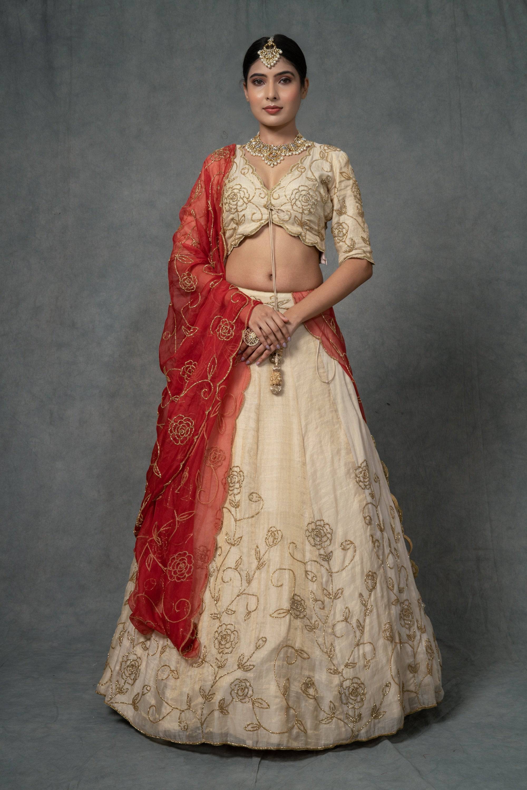Ivory Gold & Rose Red Lehenga Set - ivory lehenga USA