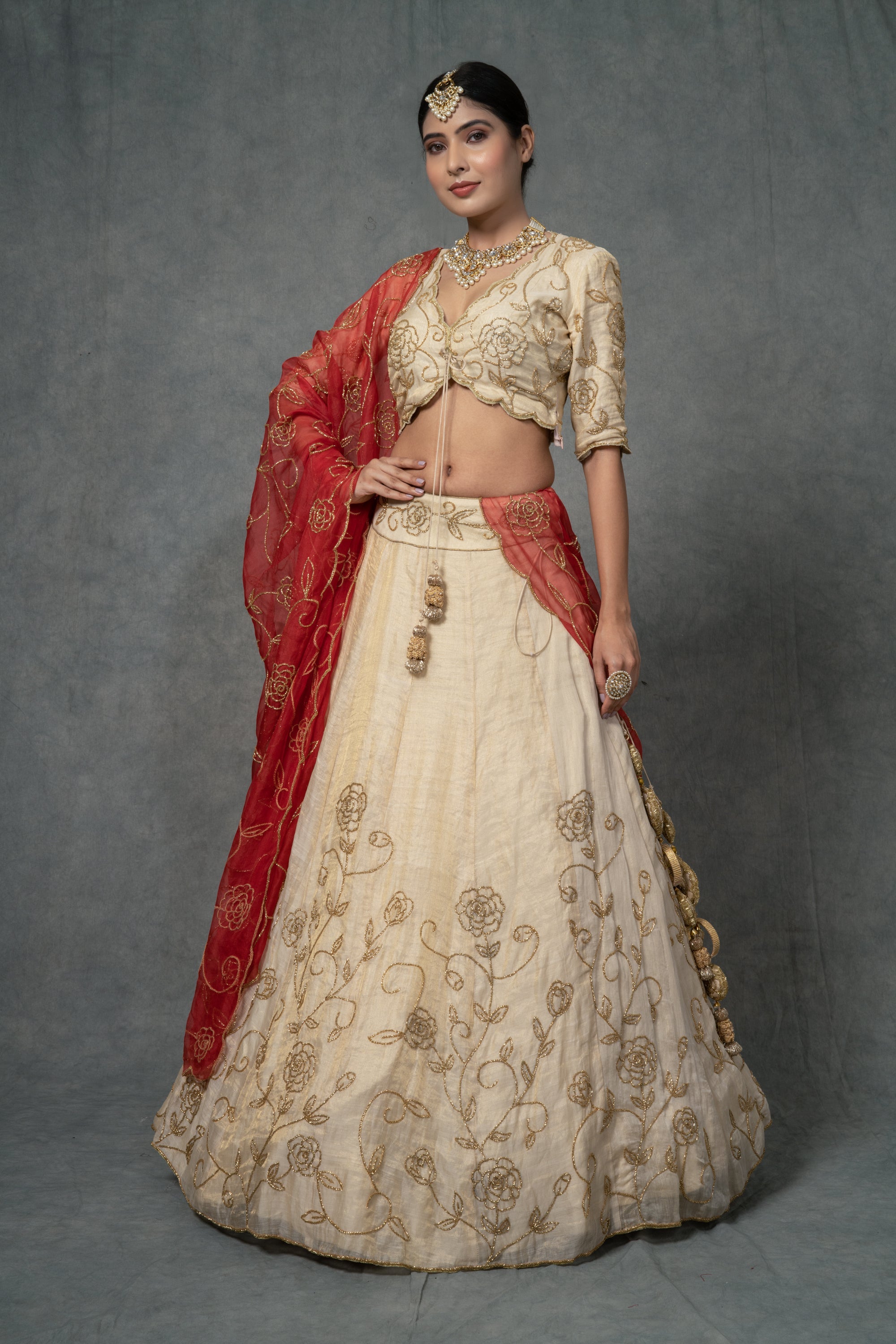 Ivory Gold & Rose Red Lehenga Set - ivory lehenga USA