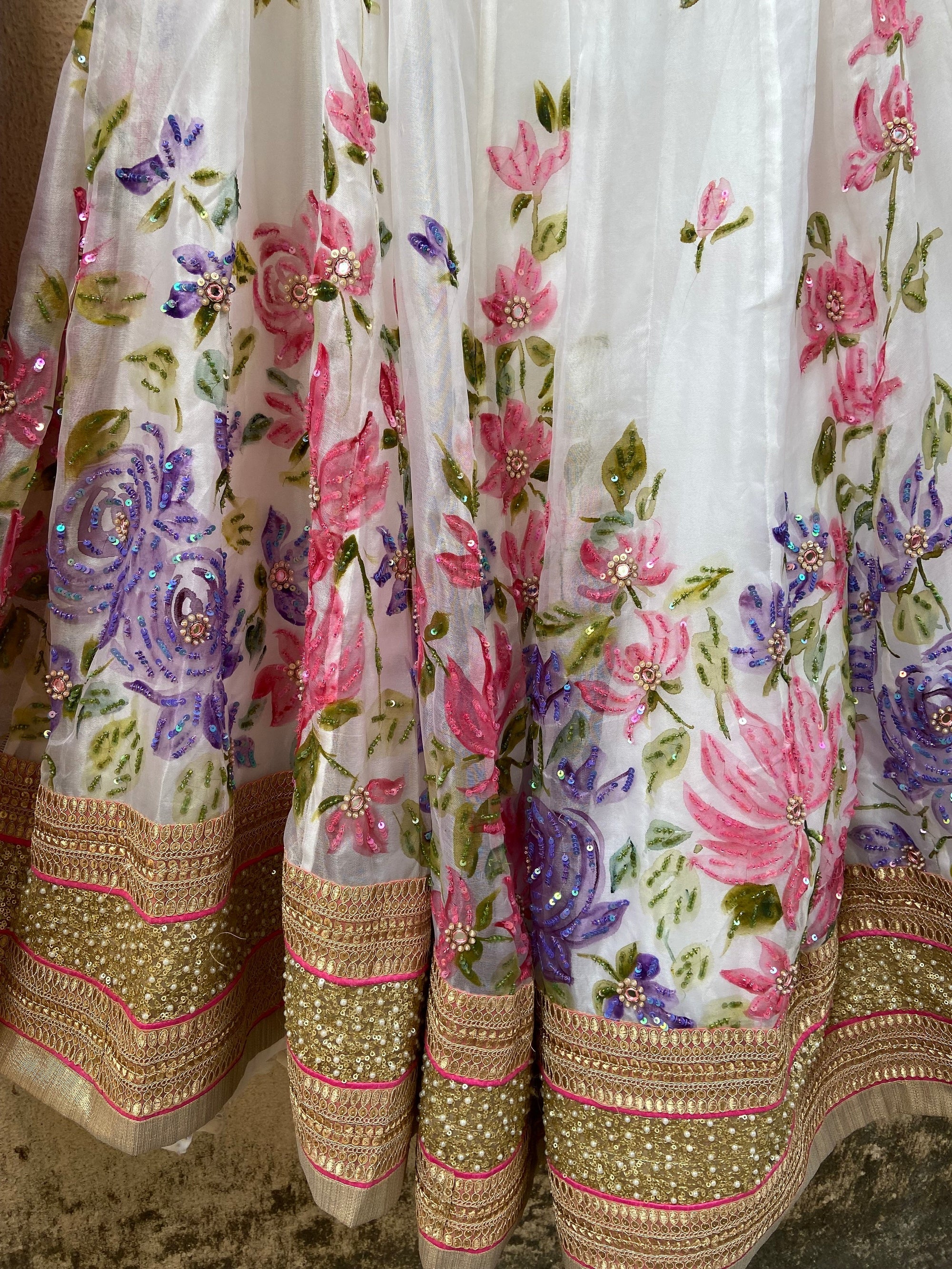 Ivory Hand Painted Organza Lehenga Set With Mirror Work Blouse - painted lehenga