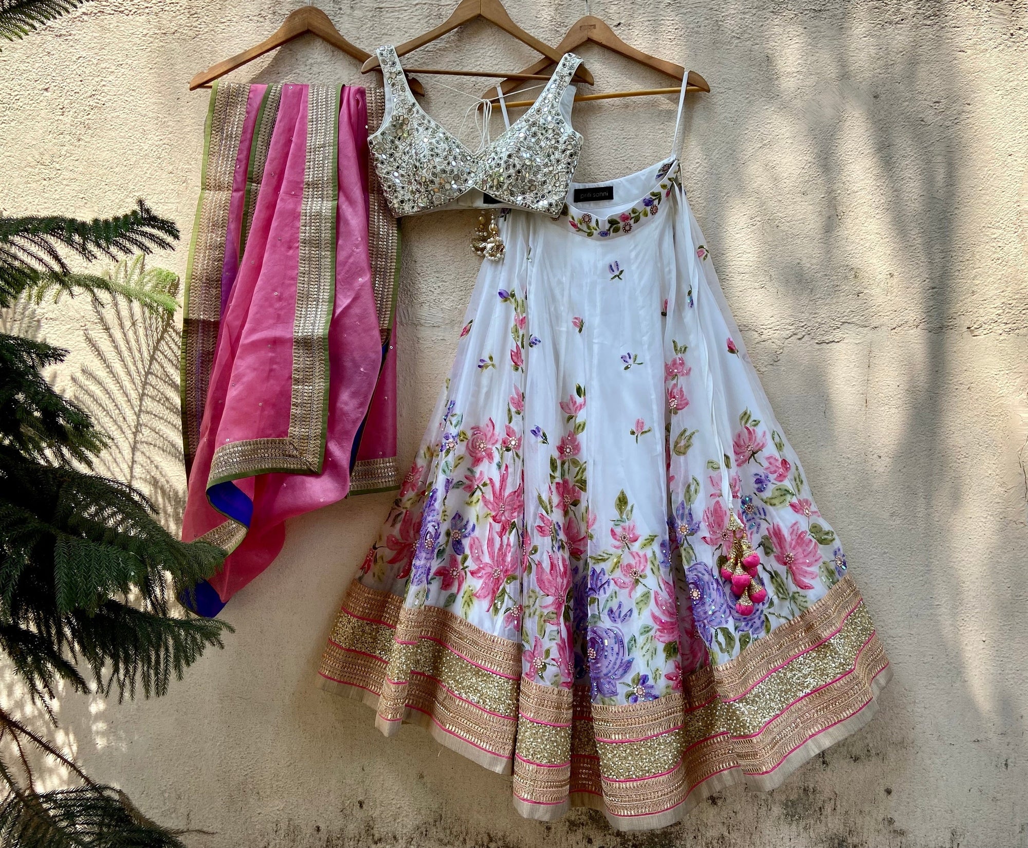 Ivory Hand Painted Organza Lehenga Set With Mirror Work Blouse - painted lehenga