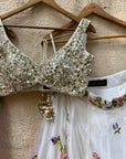 Ivory Hand Painted Organza Lehenga Set With Mirror Work Blouse - painted lehenga