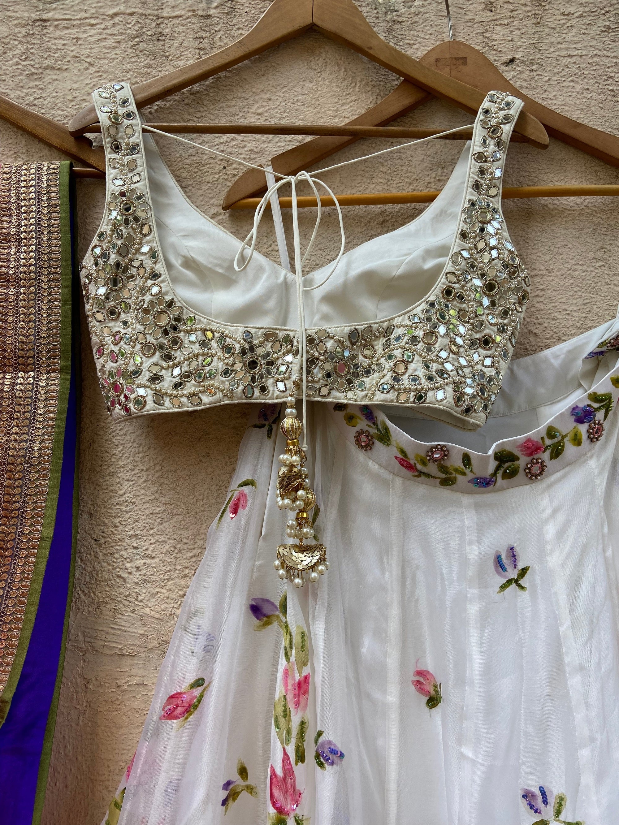 Ivory Hand Painted Organza Lehenga Set With Mirror Work Blouse - painted lehenga