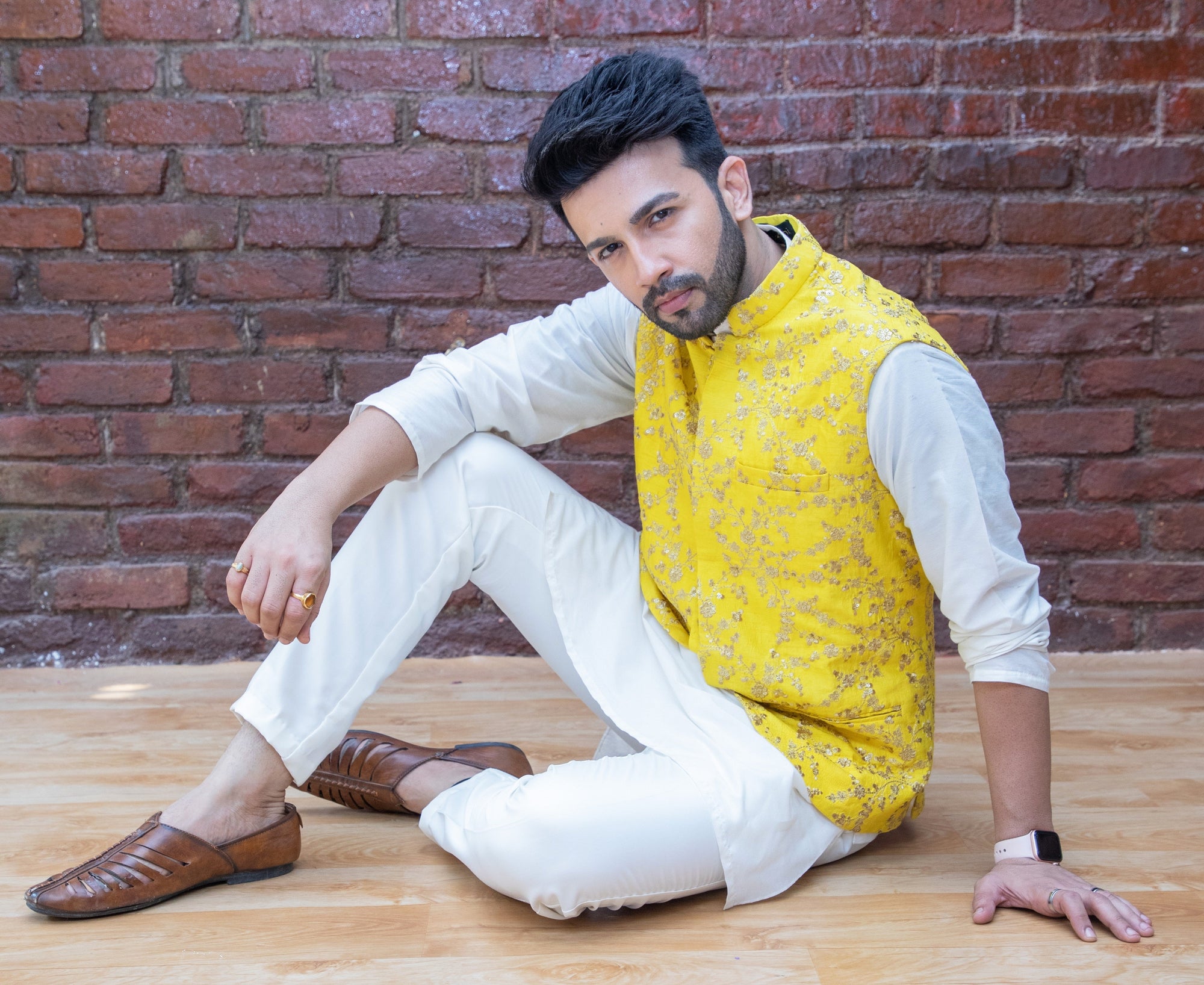 Ivory Kurta And Pant Set With Yellow Vest - indian cloths for men