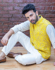 Ivory Kurta And Pant Set With Yellow Vest - indian cloths for men
