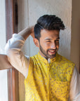Ivory Kurta And Pant Set With Yellow Vest - indian cloths for men