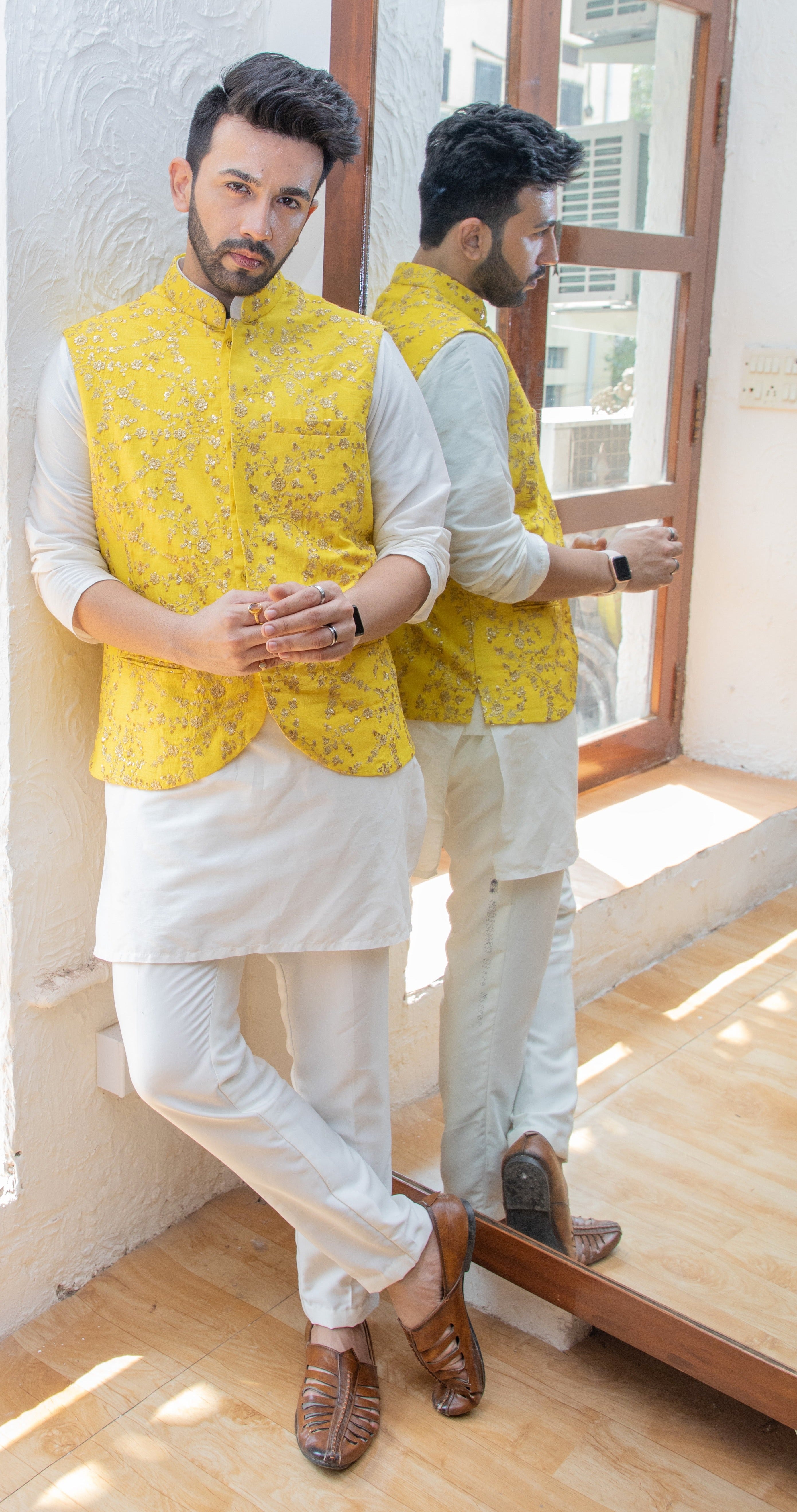Ivory Kurta and Pant set with Yellow Vest – WaliaJones