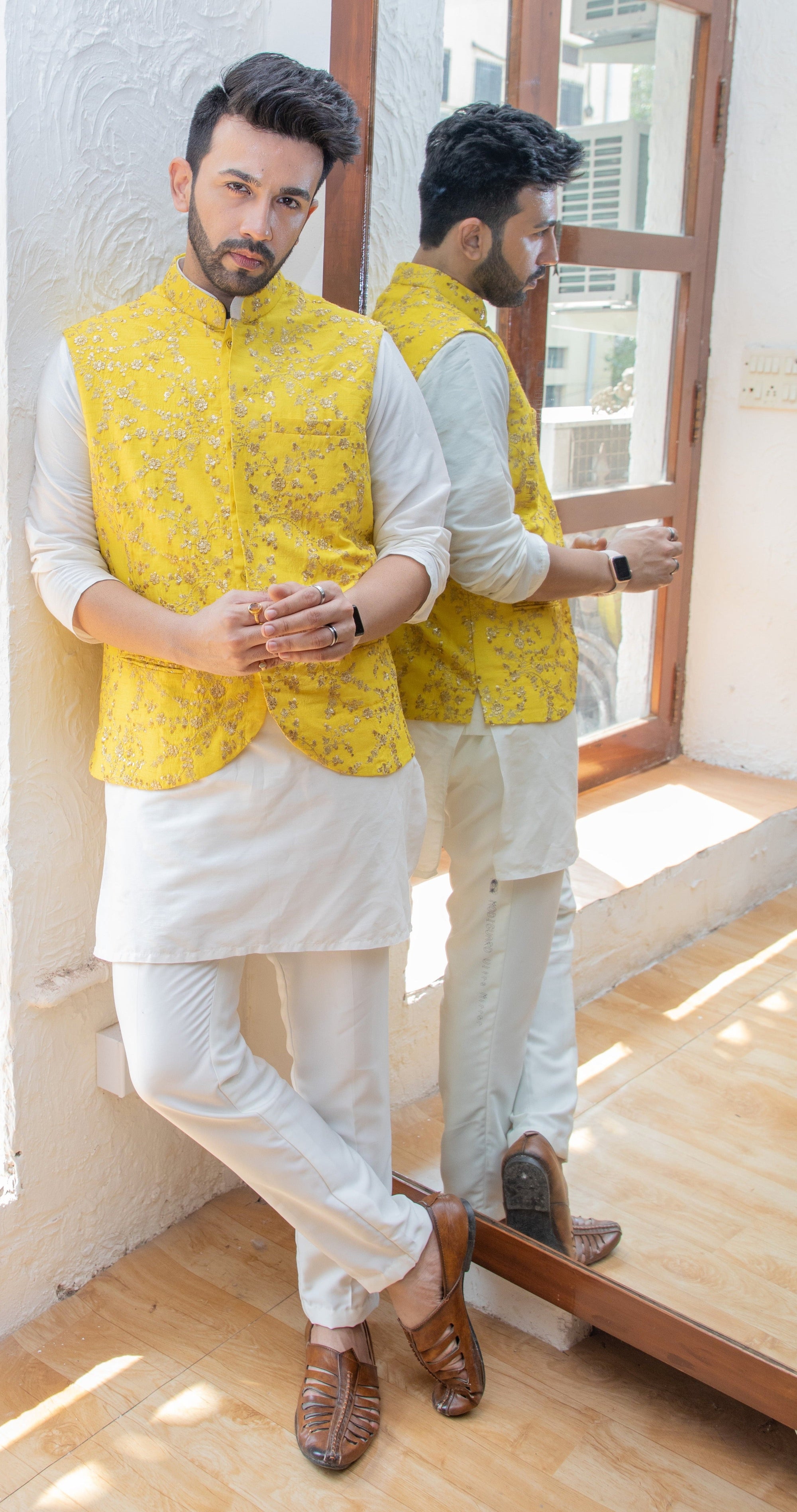 Ivory Kurta And Pant Set With Yellow Vest - indian cloths for men