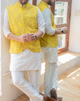 Ivory Kurta And Pant Set With Yellow Vest - indian cloths for men