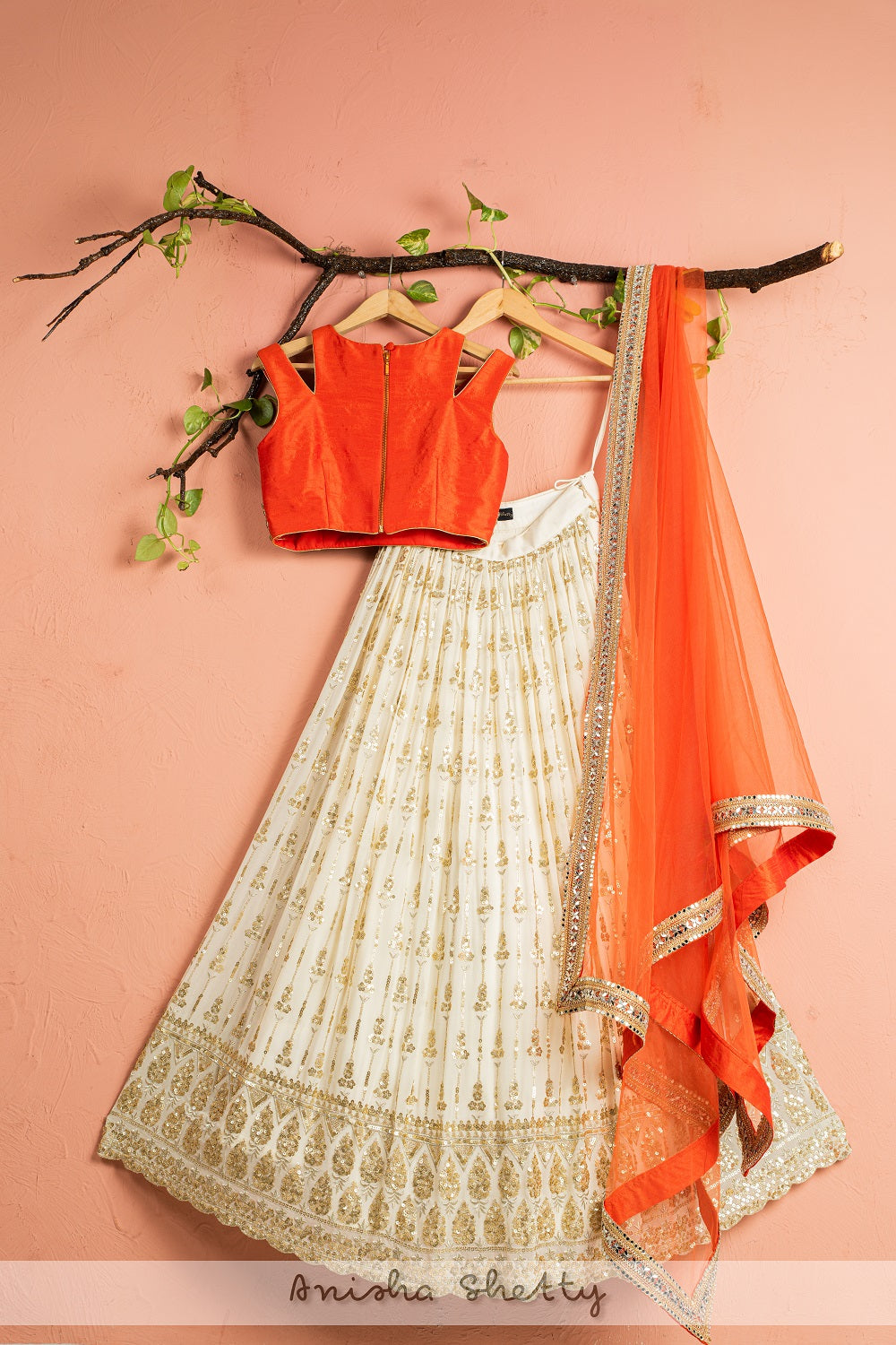 Ivory Lehenga With Orange Mirror Blouse Dupatta - ivory lehenga