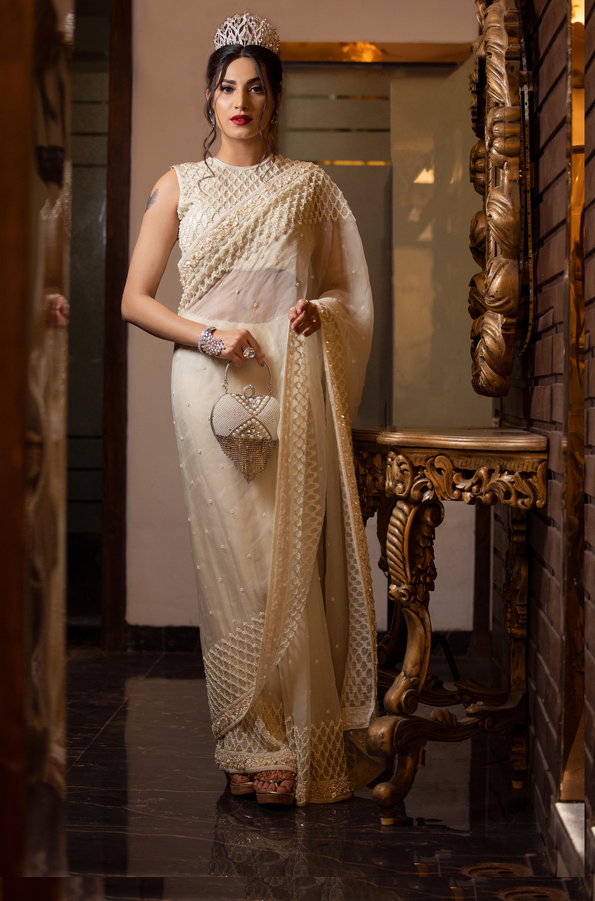 Ivory Organza And Gajji Silk Saree Set - silk saree